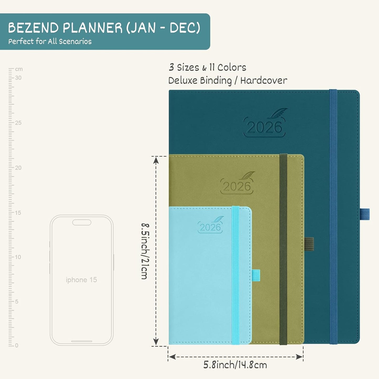 BEZEND 2026 Planner Weekly and Monthly (6" x 8.5") Daily Calendar with Half-Hourly Timeslots & Tabs (Jan-Dec) Note & Expenses, Pen Holder, Inner Pocket, Vegan Leather Hardcover - Blueberry
