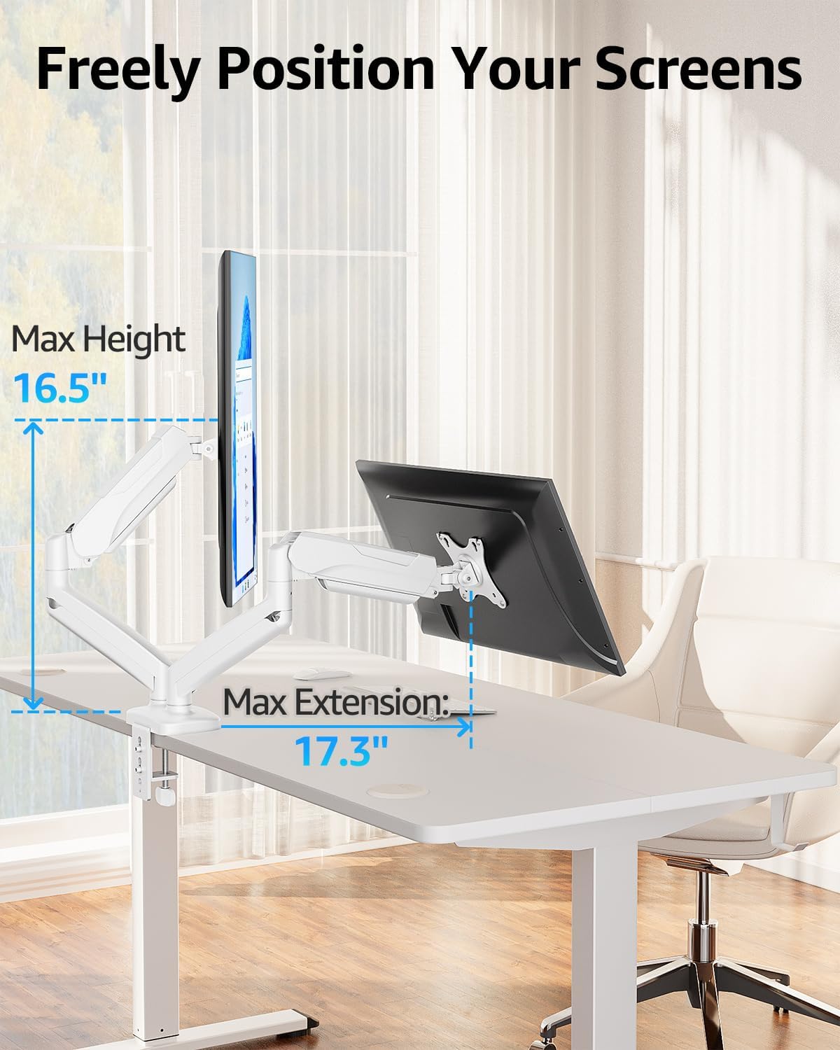 MOUNTUP Dual Monitor Stand for Desk, Pneumatic Monitor Arms for 2 Monitors Max 32 Inches, Height Adjustable Double Monitor Mount, VESA Mounts with C-Clamp & Grommet Base, Holds 4.4-17.6lbs, White