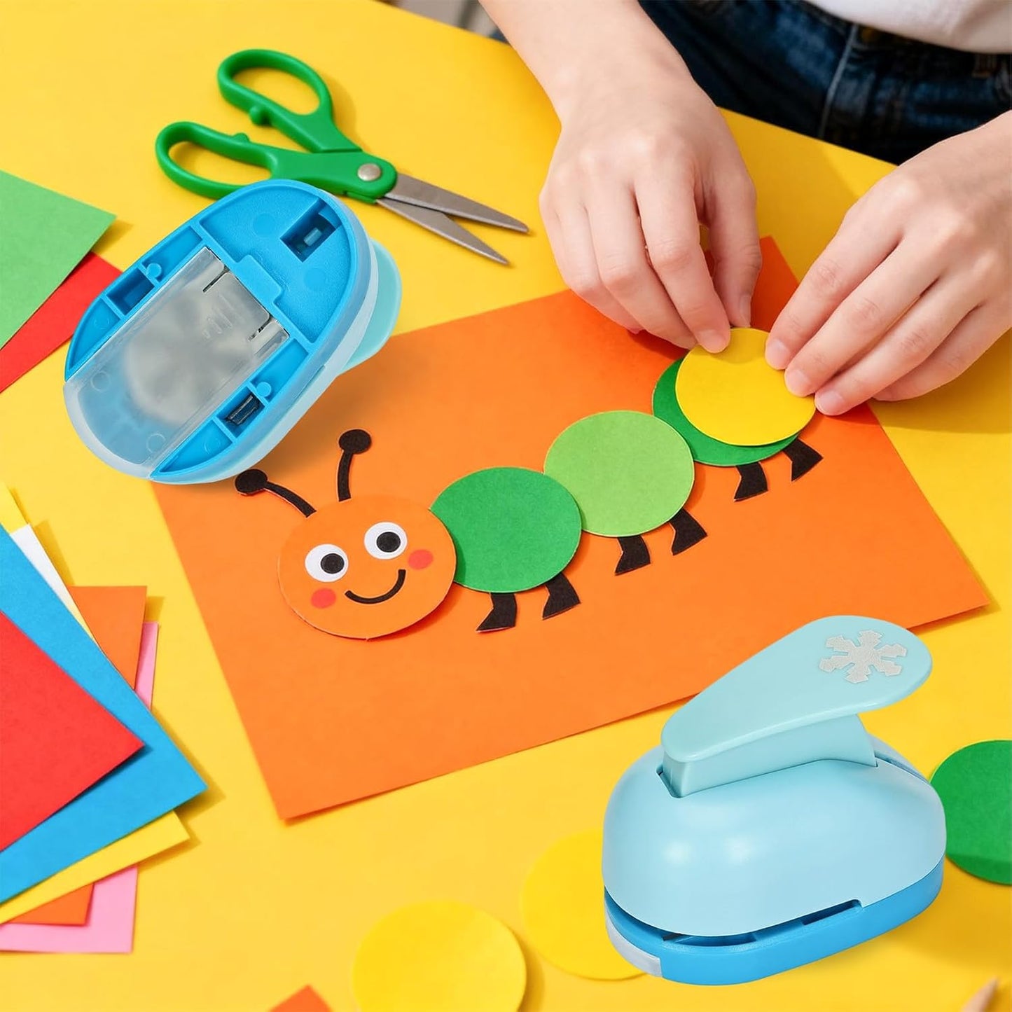 Craft Punches 8 Pack with 6 Sticker Paper, 1inch Hole Punch Shapes Medium Paper Punch Shapes, Heart, Snowflake, Musical Note, Five-Pointed Star, Circle, Crown, Wave, Apple for DIY Scrapbooking