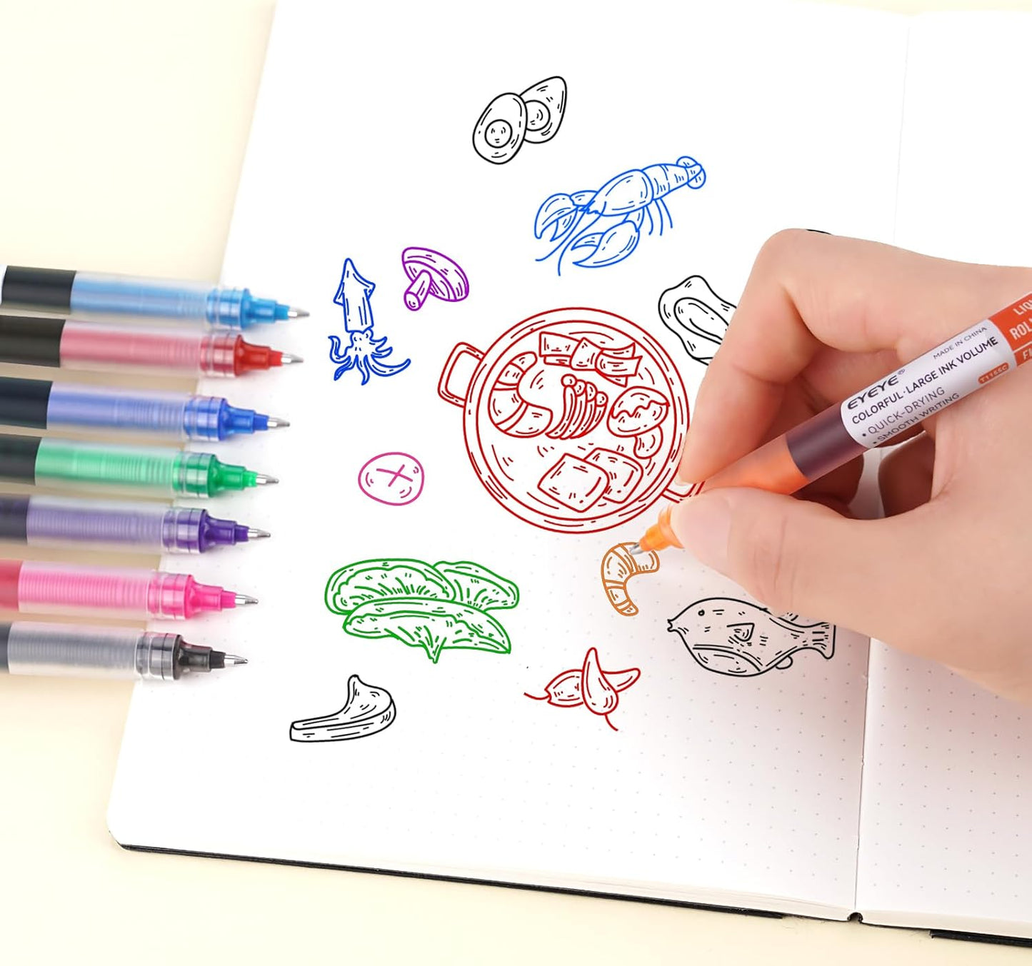 EYEYE 8 Assorted Colors 1.0mm Rollerball Pens, Multicolor Bold Point Pen Quick Dry, Liquid Ink Pen Fine Point Smooth Writing Pens for Journaling, Note Taking, Office, School, Doodling & Gifts