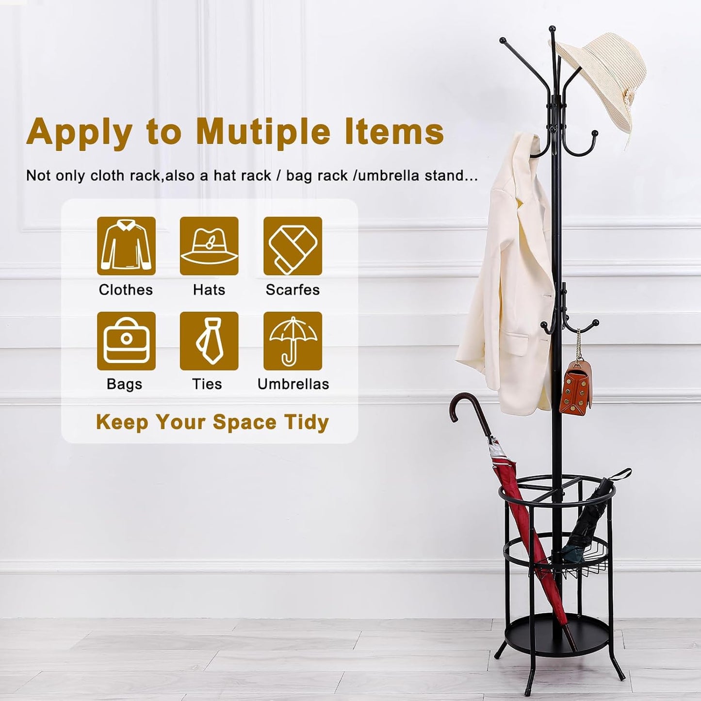 Metal Freestanding Coat Rack Stand with Umbrella Holder, 12 Hooks Coat Tree Black Modern Coat Hanger Stand for Coats, Hats, Scarves and Handbags for Entryway, Hallway, Bedroom, Office