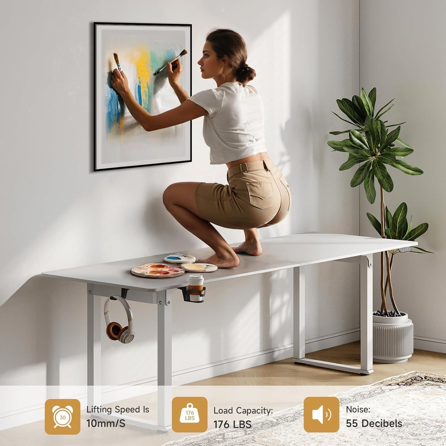 Standing Desk, 63x30 Inches Rectangle Stand Up Desk with 4 Legs, Dual Motor and Memory Controller, Adjustable Height from 28-46 Inches for Home and Computer Workstation, White