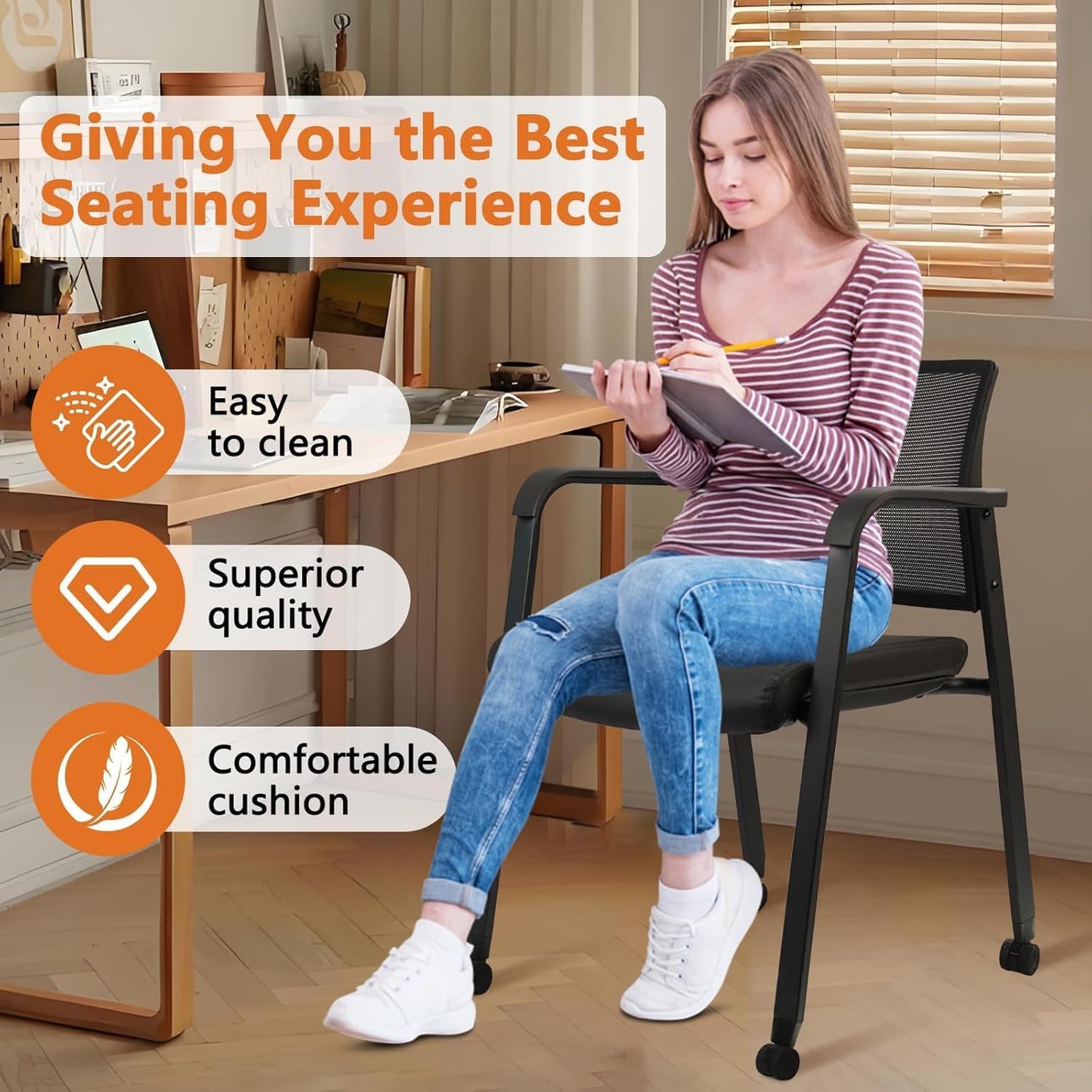 CLATINA Stacking Office Chair with Wheels, Mesh Back Waiting Room Guest Chairs with Arms Comfortable Leather Cushion Stackable Desk Chair for Conference Reception School Side Stationary, Black, 8 PK