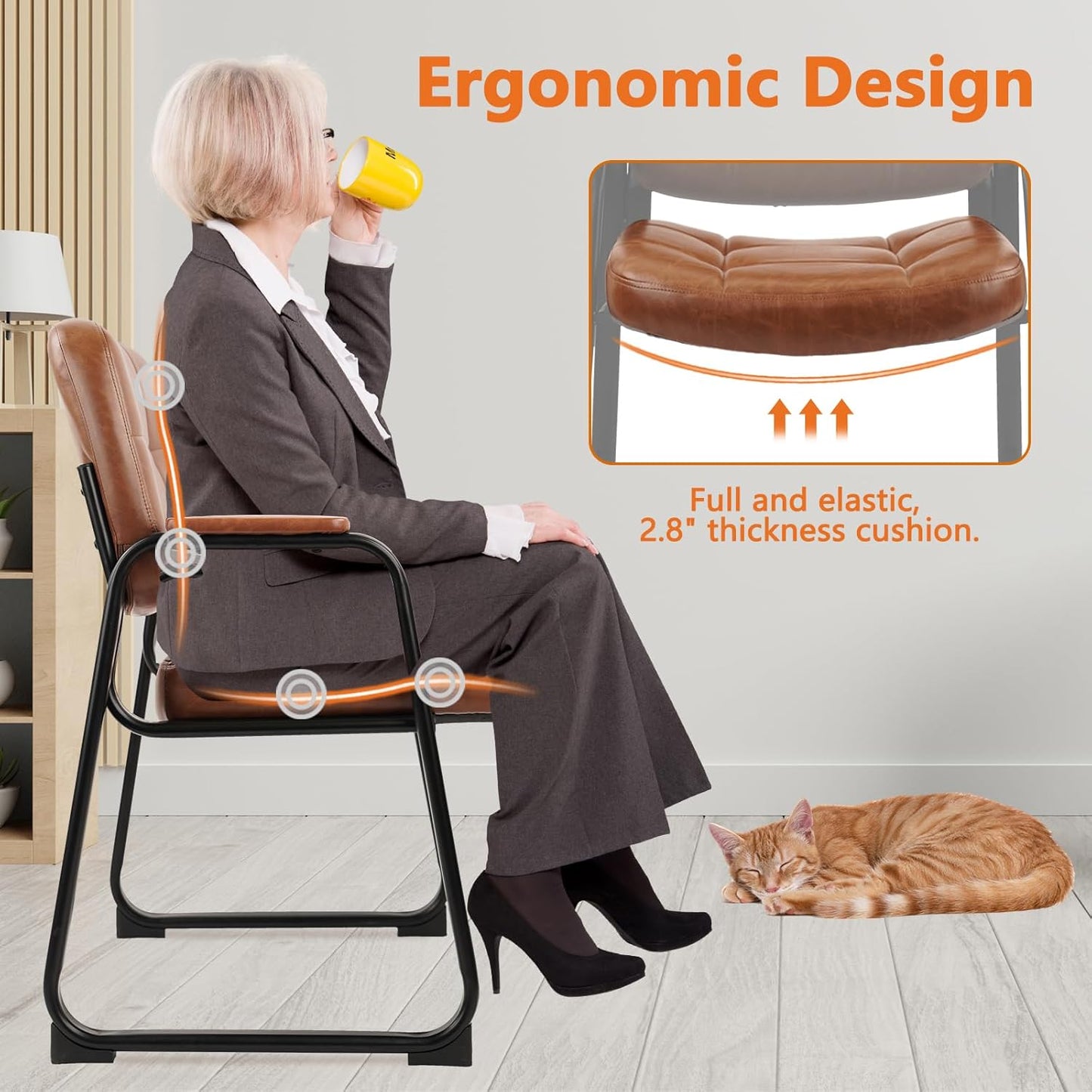 CLATINA Big & Tall 500 lb Waiting Room Chairs with Padded Armrests and Sled Base, Leather Stationary No Wheels Office Guest Chair for Reception Lobby Home and Meeting Conference, Brown (6 Pack)