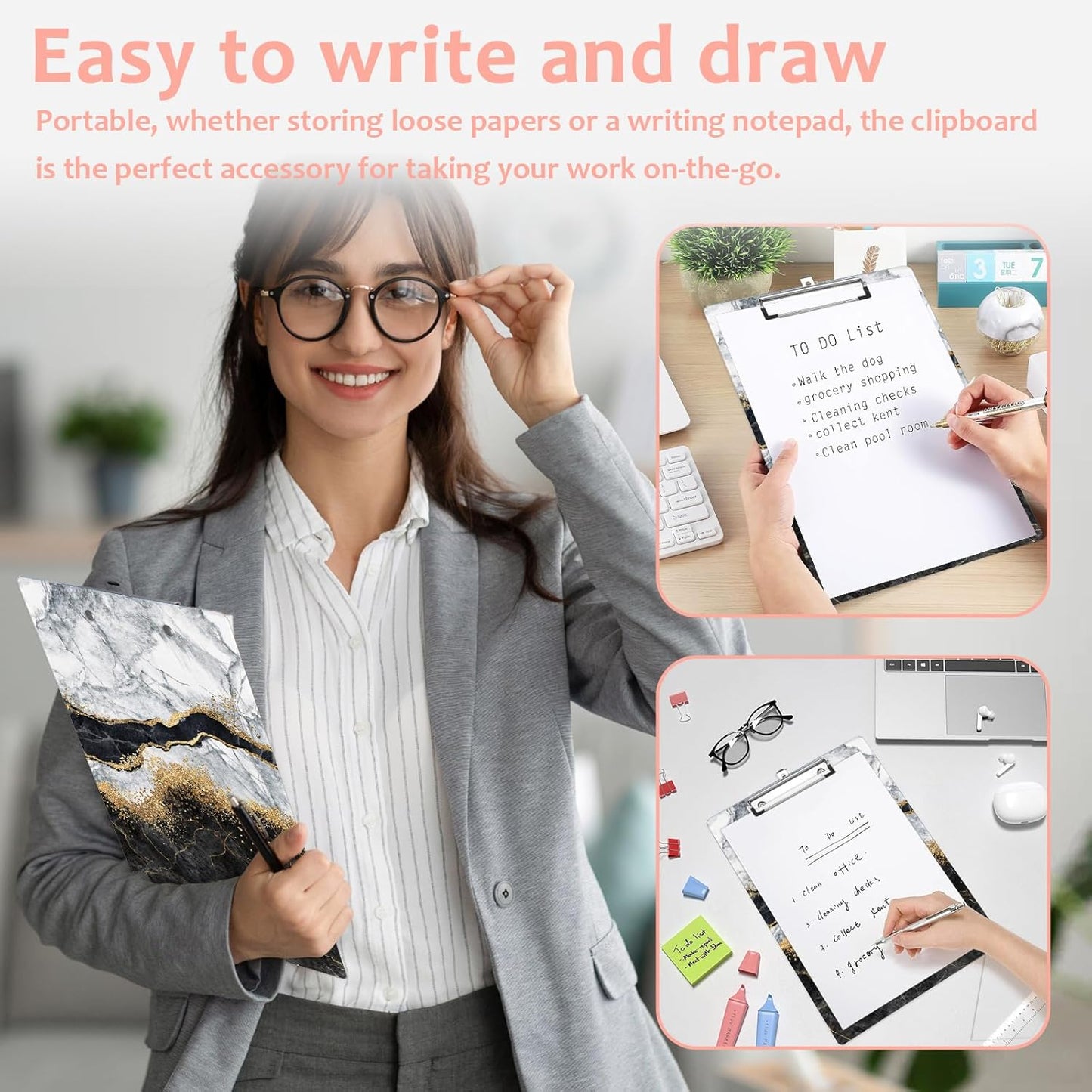 Black Marble Plastic Clipboards,Cute Fashion Clipboard Decorative 8.5" x 12.5"Standard A4 Size Clipboards,Acrylic Clipboard for Teacher,Social Worker,Students,Nurse,Office Supplies