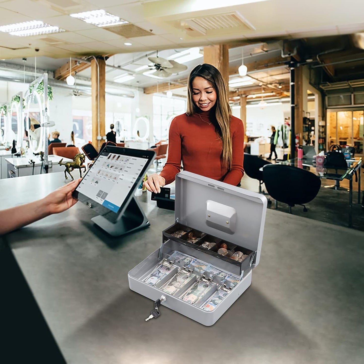 KYODOLED Locking Cash Box with Lock,Money Box with Cash Tray,Lock Safe Box with Key Money Saver,Money Saving Organizer,11.81Lx 9.45Wx 3.54H Inches,Lightgrey XL Large