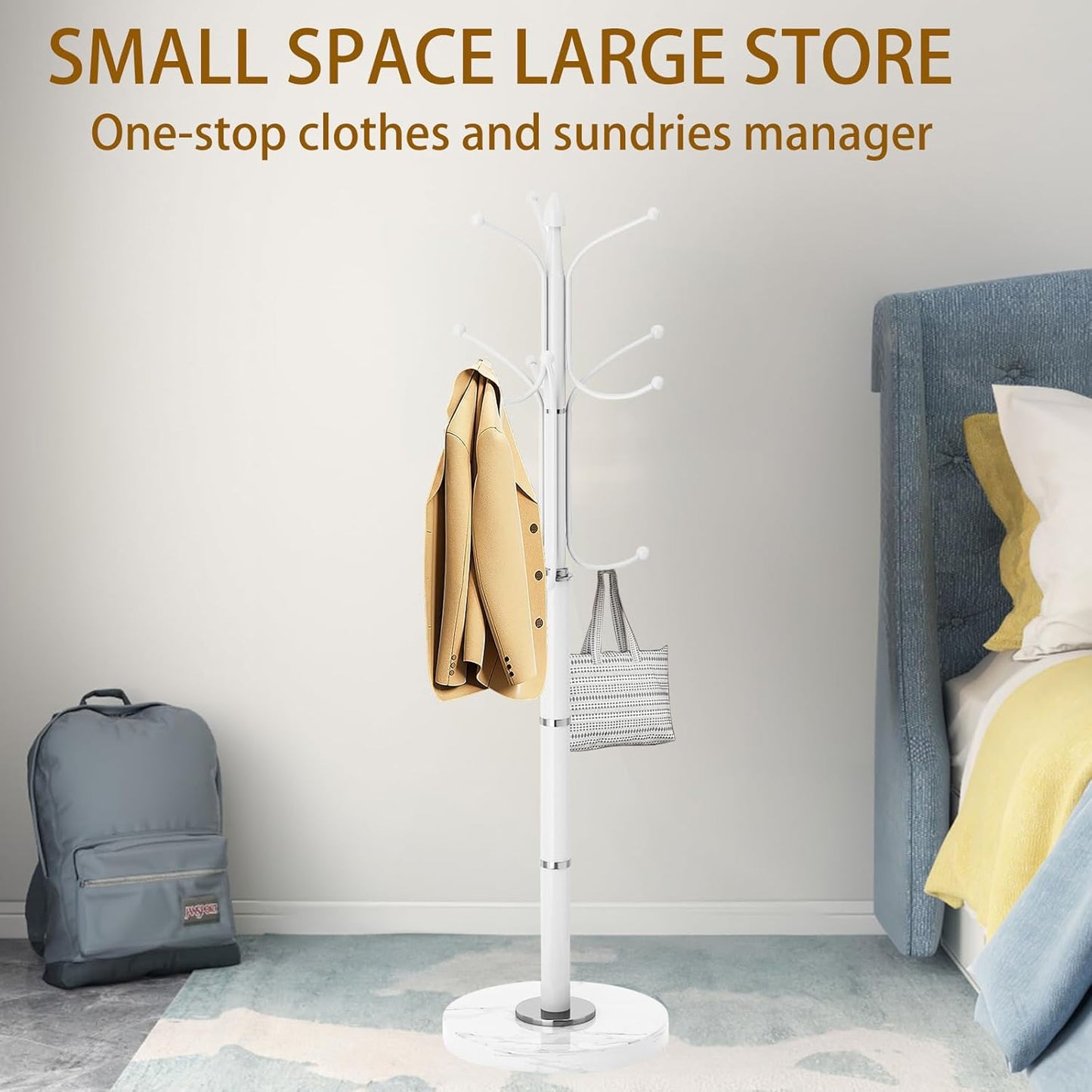 Coat Rack with Natural Marble Base, Metal Modern Coat Racks Freestanding, Coat Rack Stand with 12 Hooks, Coat Tree Hats Hanger Stand for Entryway, Hallway (12 Hooks-White)