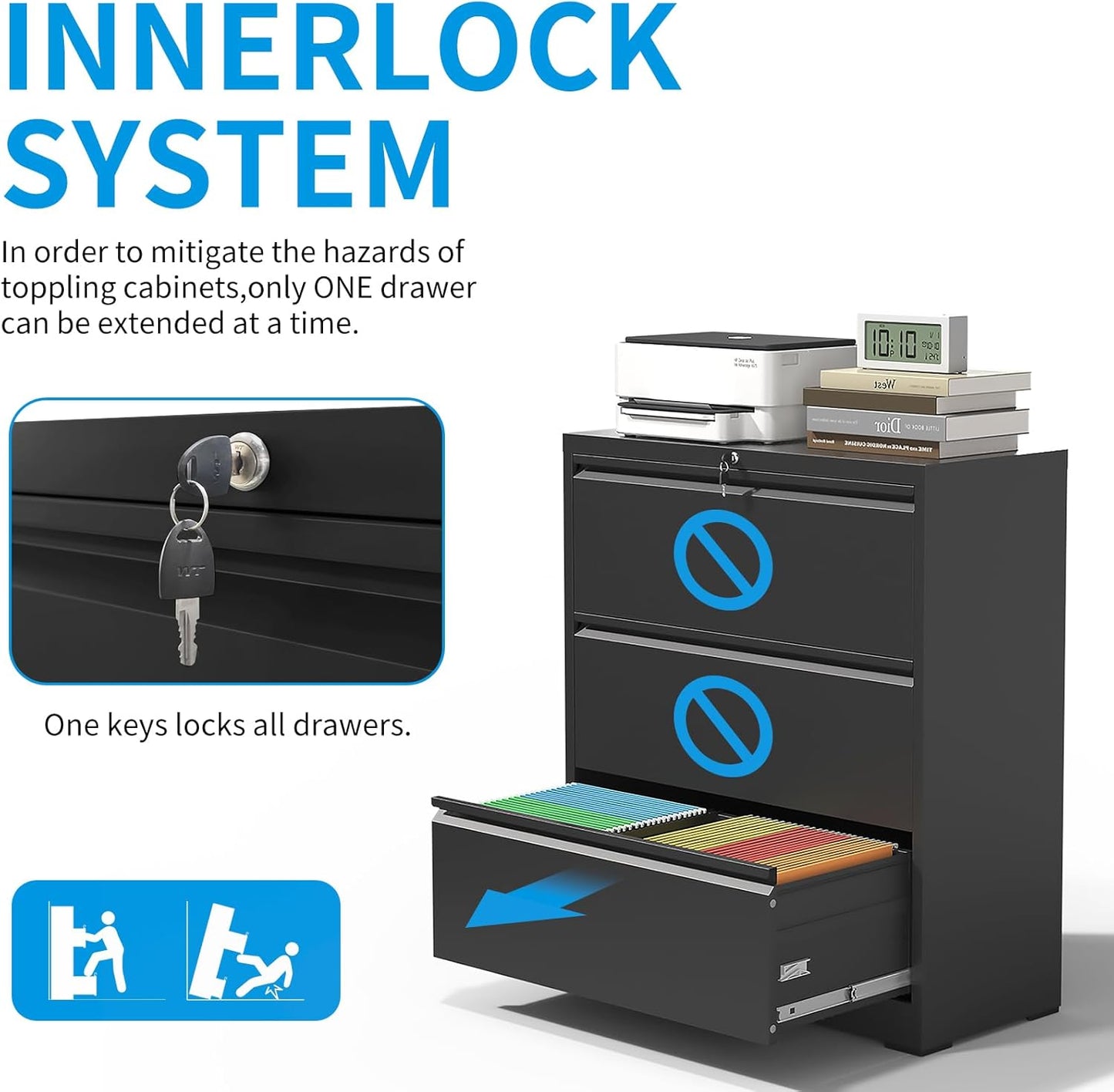 3 Drawer Lateral File Cabinet with Lock, Metal Lateral Filing Cabinet for Home Office, Steel Wide Horizontal Filing Cabinets for Letter/Legal/A4/F4 Hanging Files (Black)