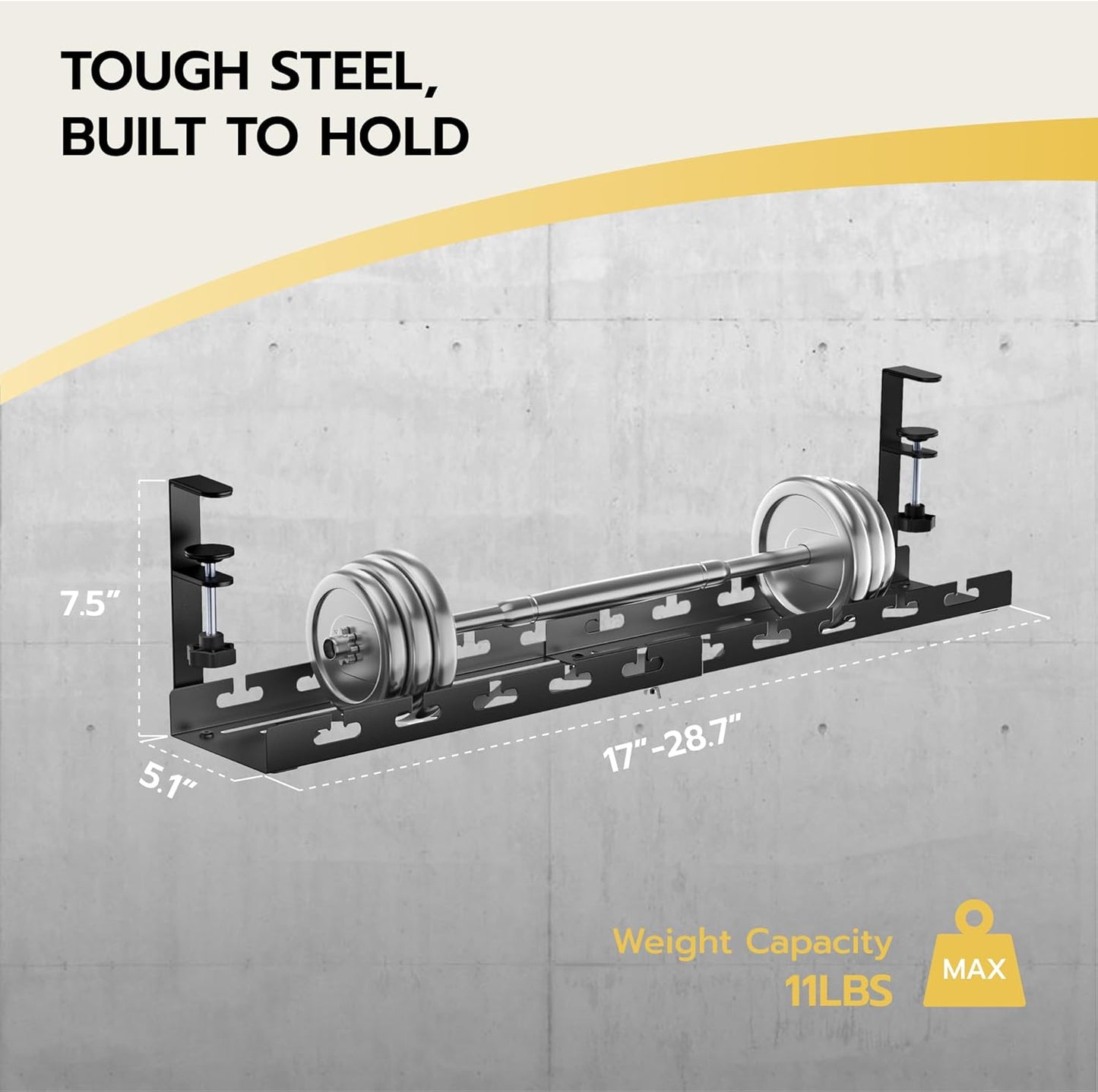 ARES WING 17"-28.7" Extendable Under Desk Cable Management Tray with Cable Slots, Clamp On Cord Organizer Holds Up to 11 lbs, Black Metal Under Desk Storage for Office and Gaming Accessories