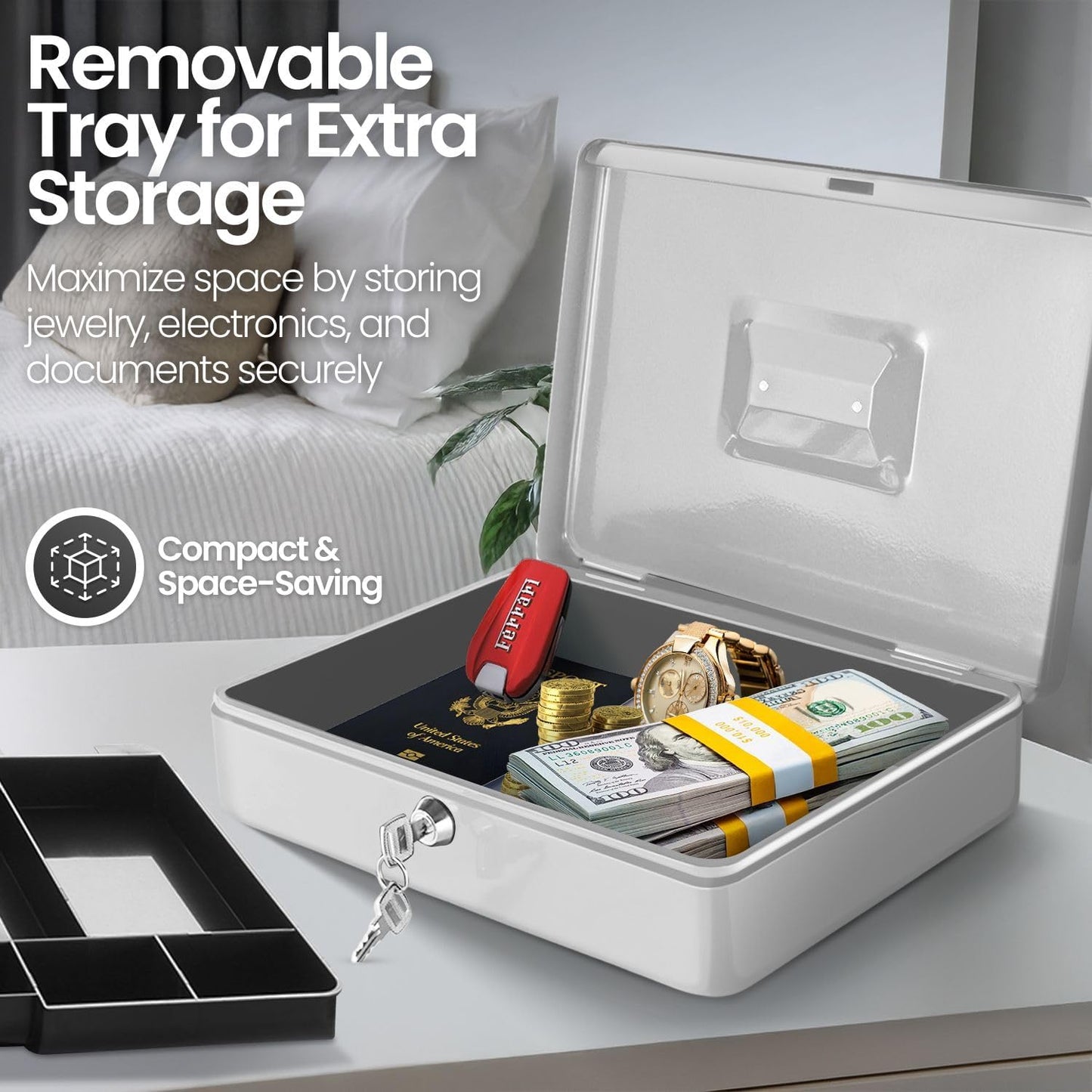 Flexzion Cash Box with Money Tray and Lock - Metal Cash Box for Small Businesses, 9-Compartment Silver Money Box with Removable Tray and Key, Portable Storage for Checks and Coins