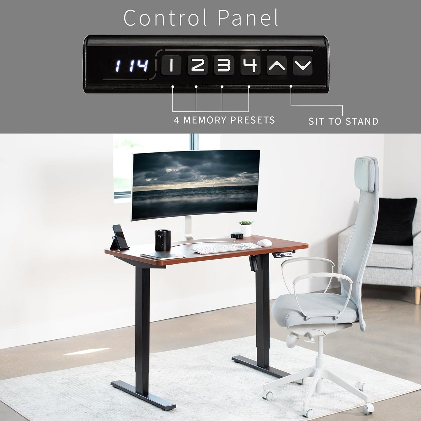 VIVO Electric 43 x 24 in Standing Desk, Memory Height Adjustment, 1B Series, One-Piece Dark Walnut Top, Black Frame, DESK-KIT-1B4D