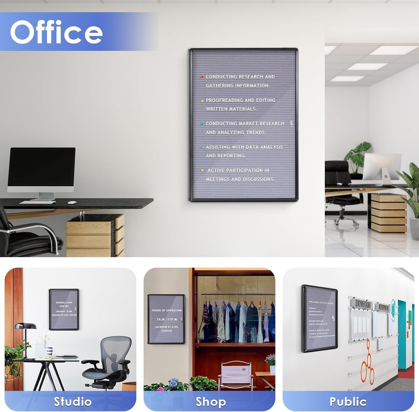 SWANCROWN Enclosed Bulletin Board with Locking Door 20x14 in, Lockable Felt Letter Board Sign Tamperproof Message Board for Office School Home, Black Aluminum Frame, Grey