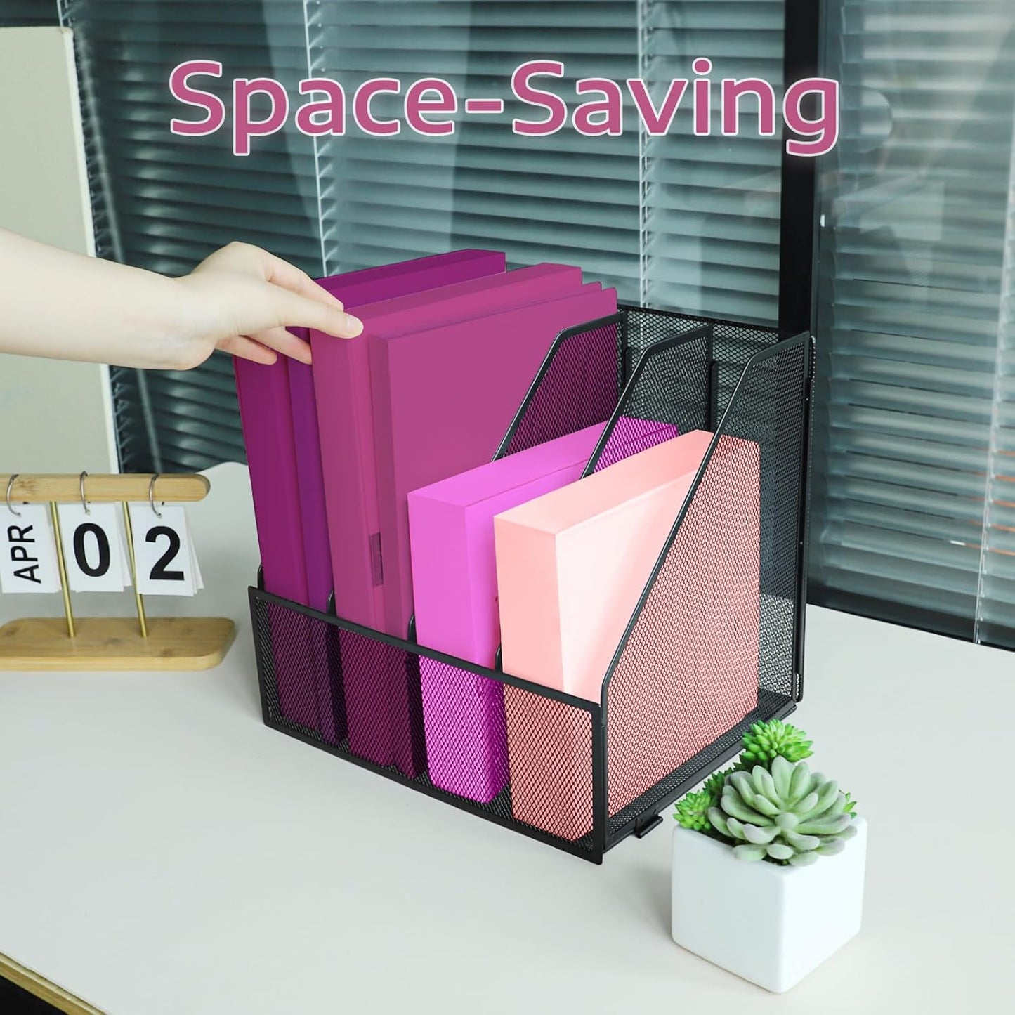 Desk Organizers, Metal Magazine File Holder with 4 Vertical Compartments Rack Binder File Organizer for Office Supplies, Home Workspace - Black