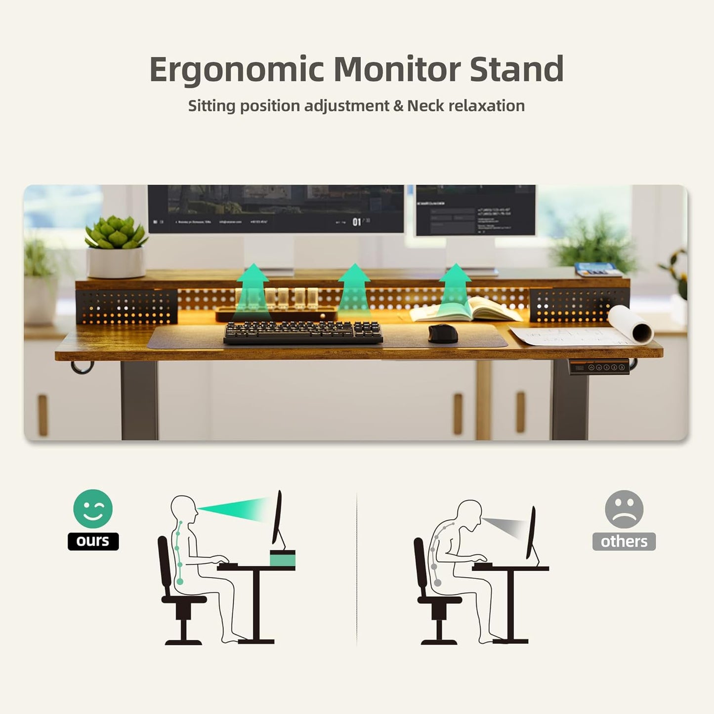 Claiks Electric Standing Desk with Shelf, 48 Inch Height Adjustable Standing Desk with LED Lights & Monitor Stand, Black Frame/Rustic Brown Top