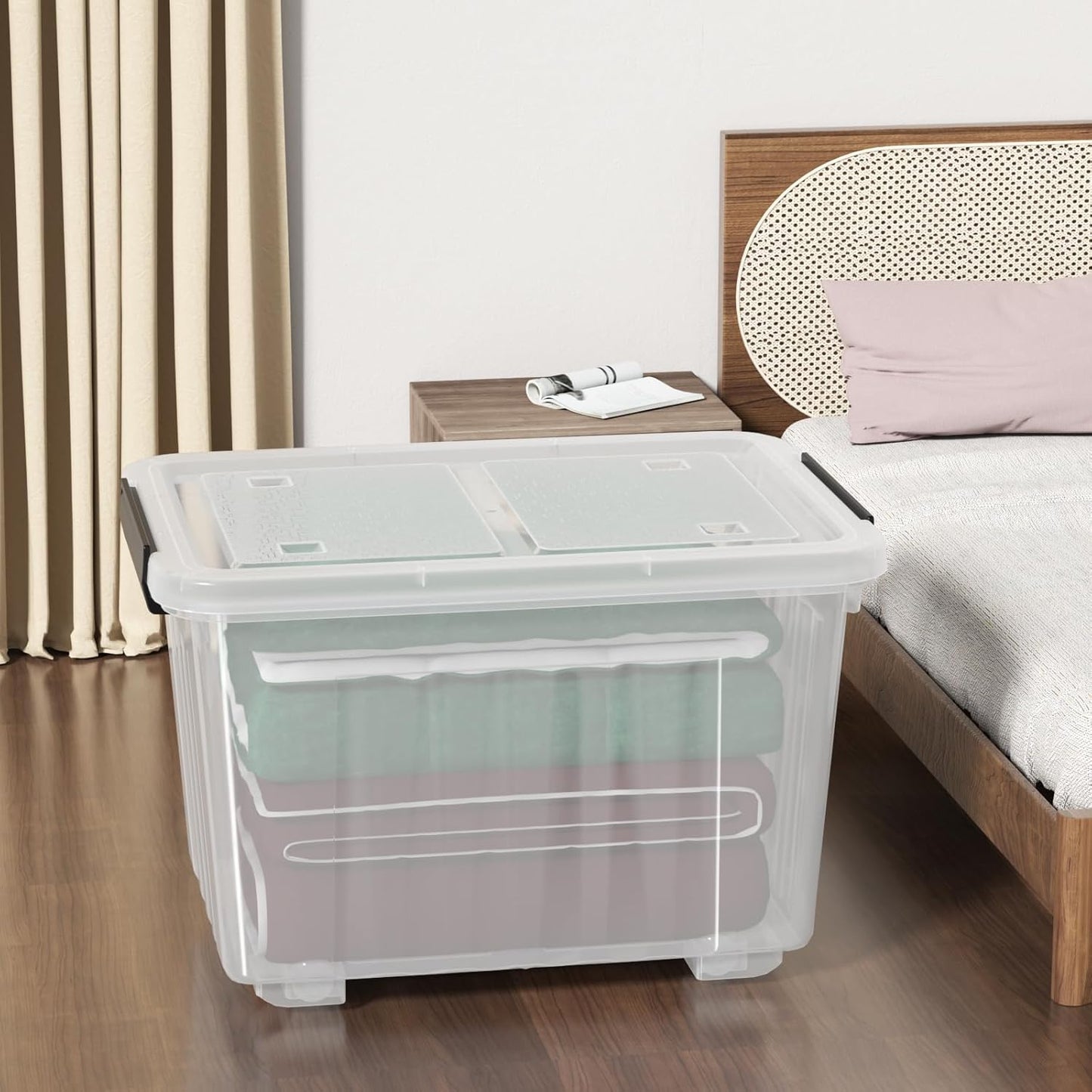 4-Pack 50 Quarts Plastic Box with Lids, Large Clear Latch Storage Tote, Stackable Bin with Wheels