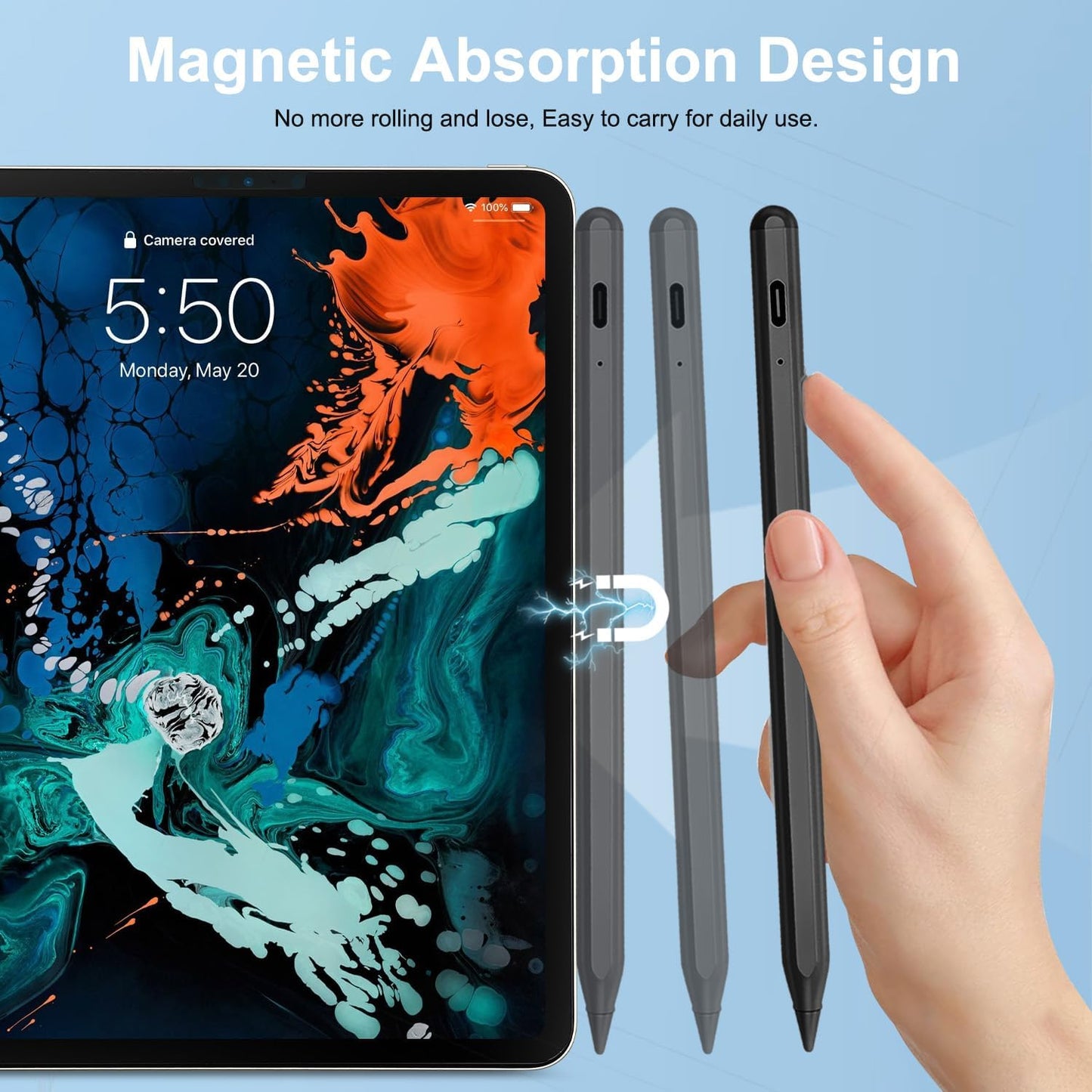 Stylus Pen for iPad Apple: Fast Charge for iPad Pencil Apple Pen with Palm Rejection Tilt Sensitivity - Pen for iPad 10/9/8/7/6, iPad Pro 12.9"/11"/13" M4, iPad Mini 6/5, iPad Air 5/4/3/M2 Black