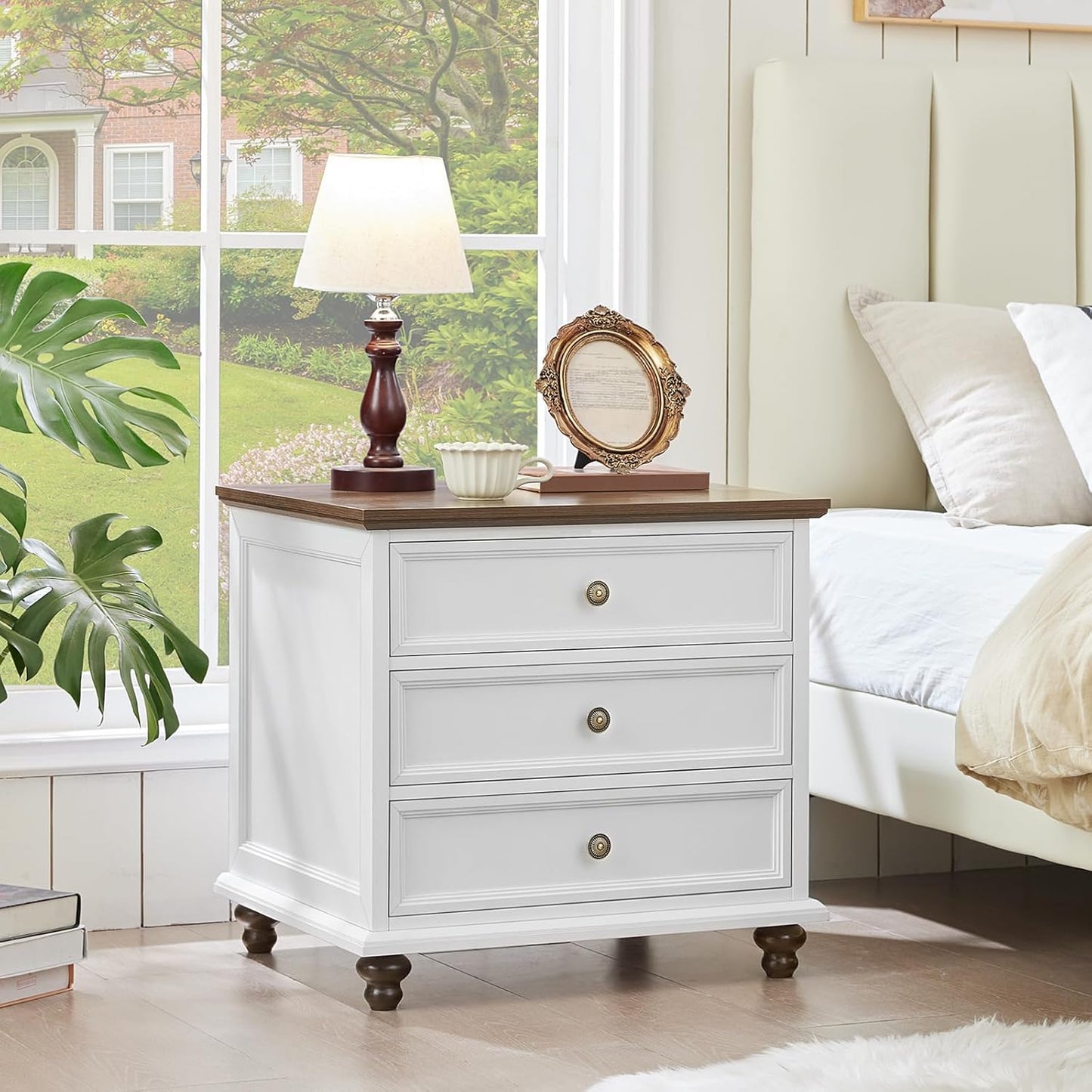 24" Wide Farmhouse Night Stand Set of 2,Large End Table with 3 Drawers & Metal Handle,White Wood Dresser for Bedroom Cabinet, Bed Side Table Chest of Drawers,Nightstand for Living Room,Closet