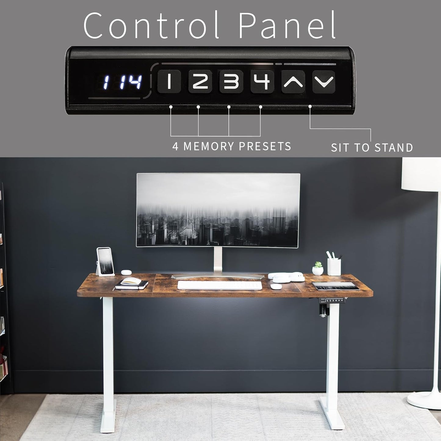 VIVO Electric 60 x 30 in Rustic Standing Desk, Memory Height Adjustment, 1B Series, Vintage Brown Top White Frame, DESK-KIT-1W6N-30