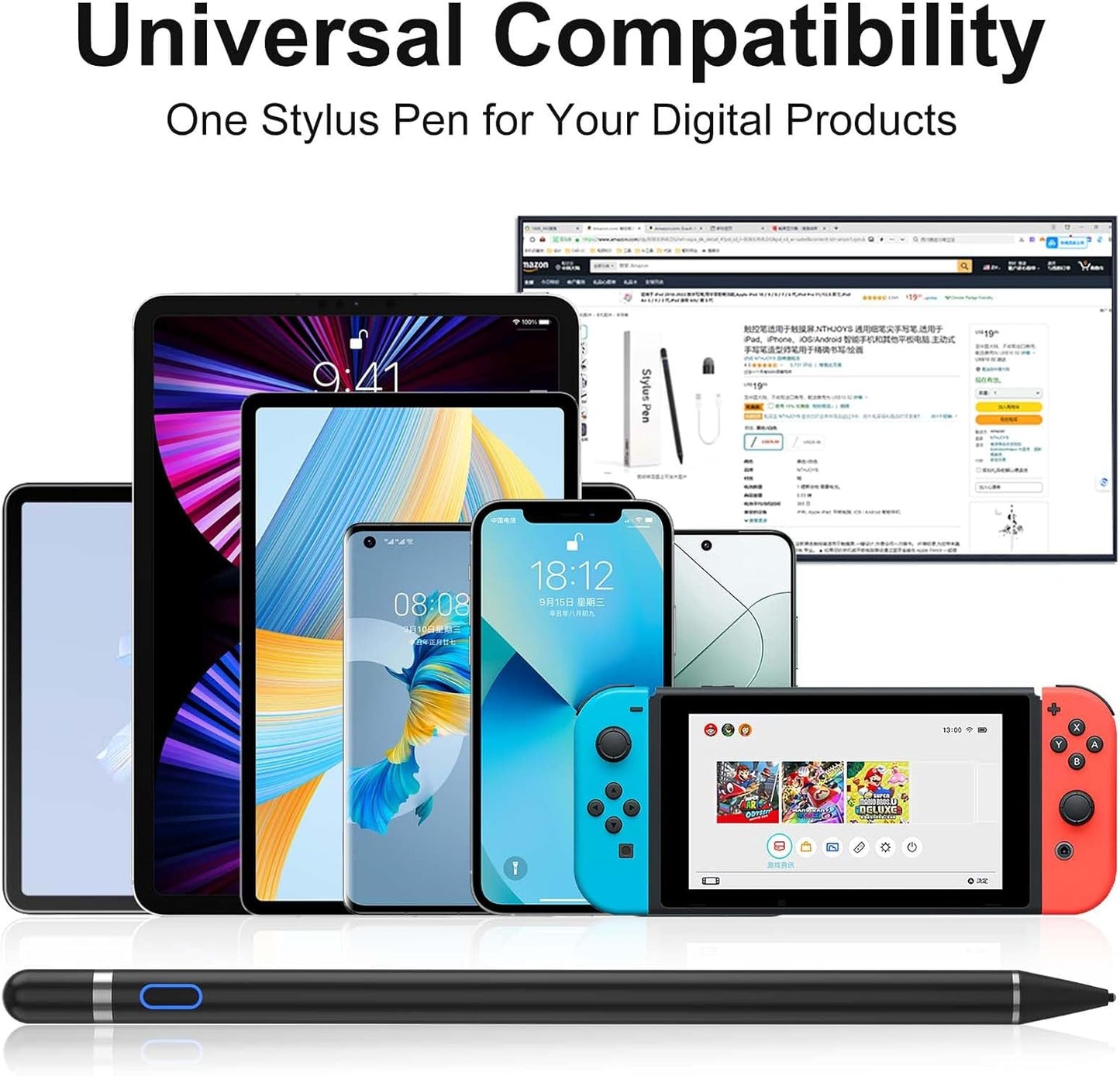 Compatible for iOS&Android Touch Screens Active Stylus Pen,Stylus Pens for Touch Screens,Rechargeable Stylus for i-Pad/Pro/Air/Mini/i-Phone/Cellphone/Samsung/Tablet Drawing&Writing (Black)