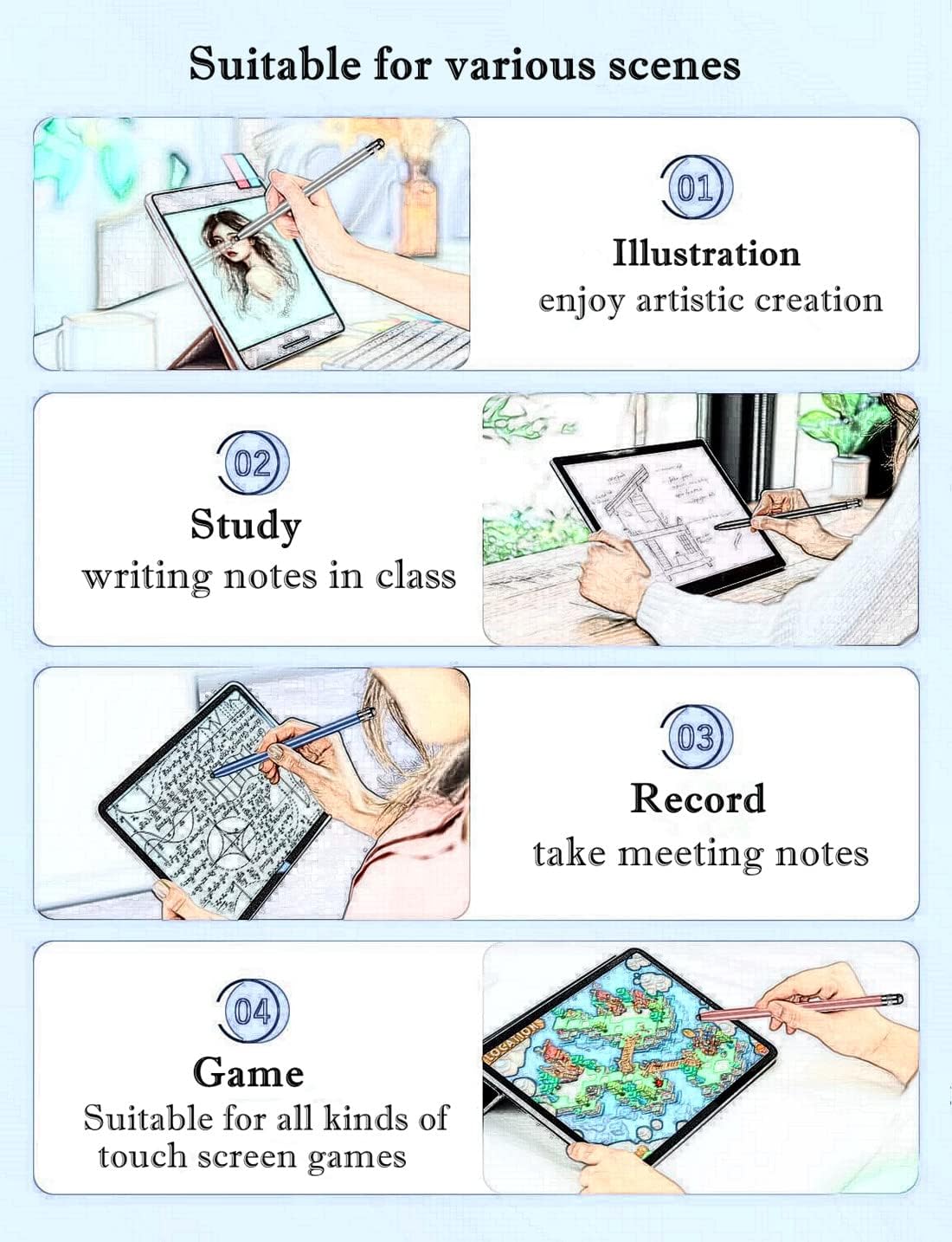 Stylus Pens for Touch Screens(4-Pack), Sensitivity & Precision Stylus Pens for iPhone/iPad/Samsung Galaxy/Tablets and All capacitive Touch Screen Devices + 8 Replaceable Rubber Tips