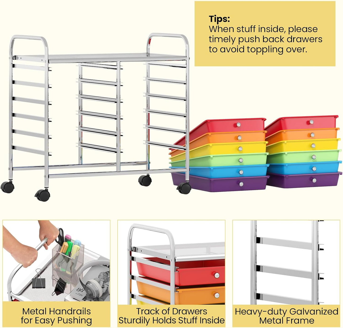 Giantex 12 Drawers Rolling Cart, Mobile Storage Drawer Cart, Classroom Organizer Cart for Office School Supplies Tools Scrapbook Paper Craft Small Printer, Utility Cart on Wheels, Multicolor
