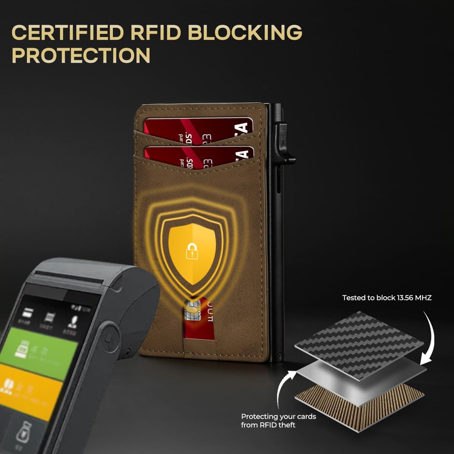 Slim Card Wallet for Men with ID Window – Minimalist RFID Wallet, Pop-Up Function, Ultra Thin Design, Metal Business Card Case Holds 8+ Cards, Gifts for Men, Men's Accessories