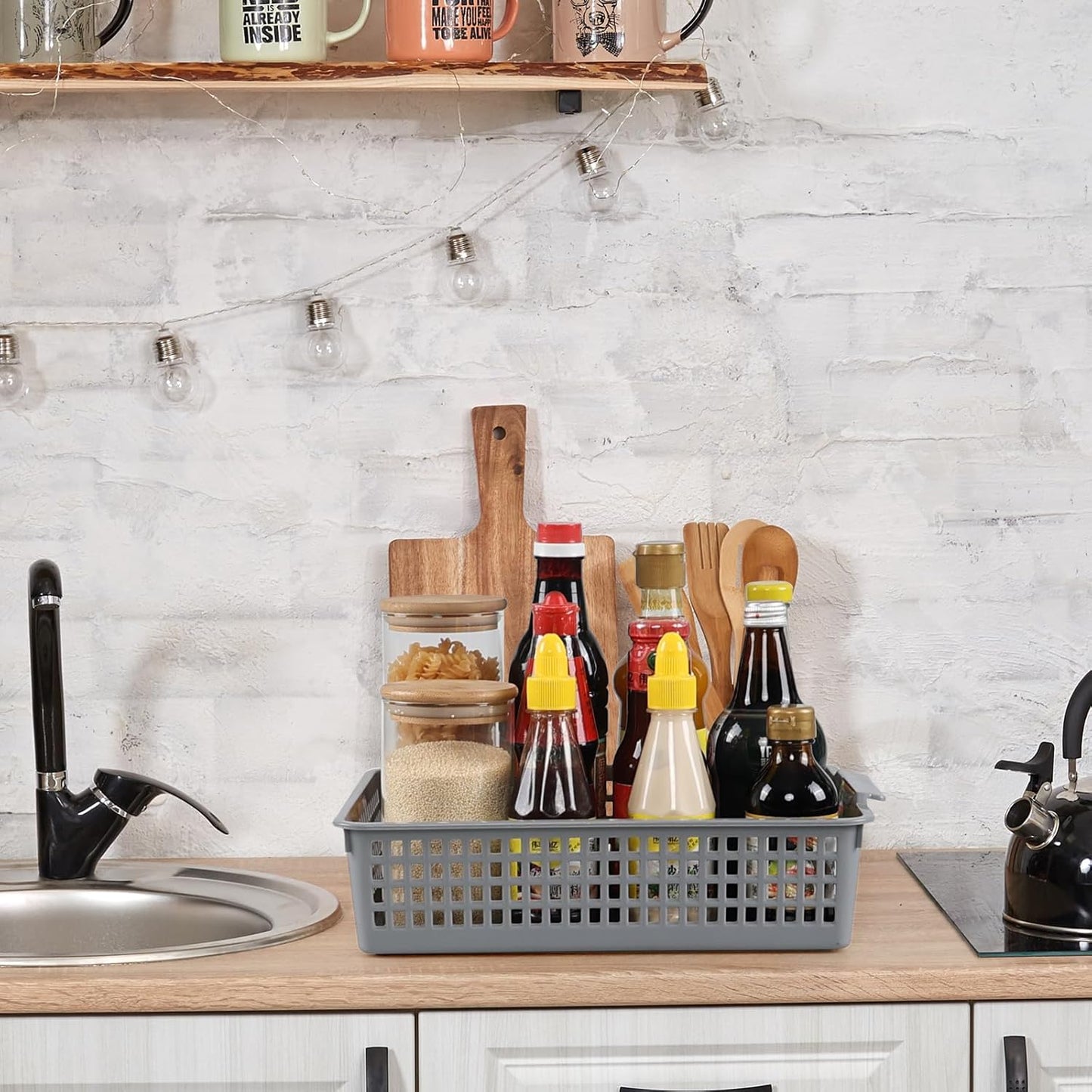 6 Packs Plastic Storage Baskets, Paper Organizer Baskets, Shallow Storage Basket Trays, Grey