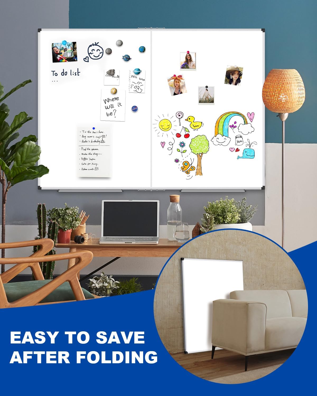 XBoard Magnetic Dry Erase Board 48 x 36 Inch, 4' x 3' Foldable White Board for Wall with Marker Tray, Silver Aluminum Frame Folding Message Presentation Board