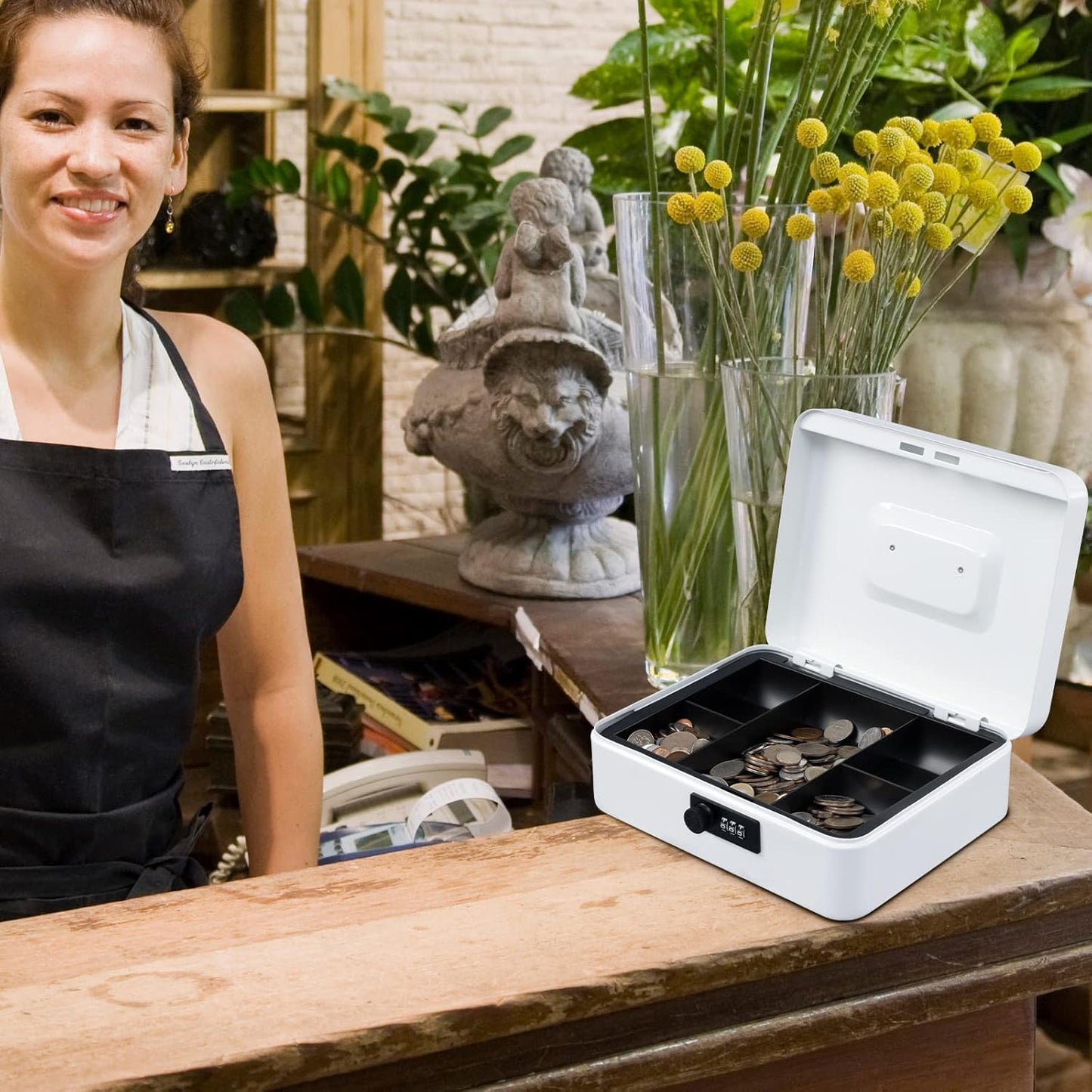 KYODOLED Large Cash Box with Combination Lock,Safe Metal Box for Money, Storage Lock Box with Money Tray,9.84"x 7.87"x 3.54" White Large