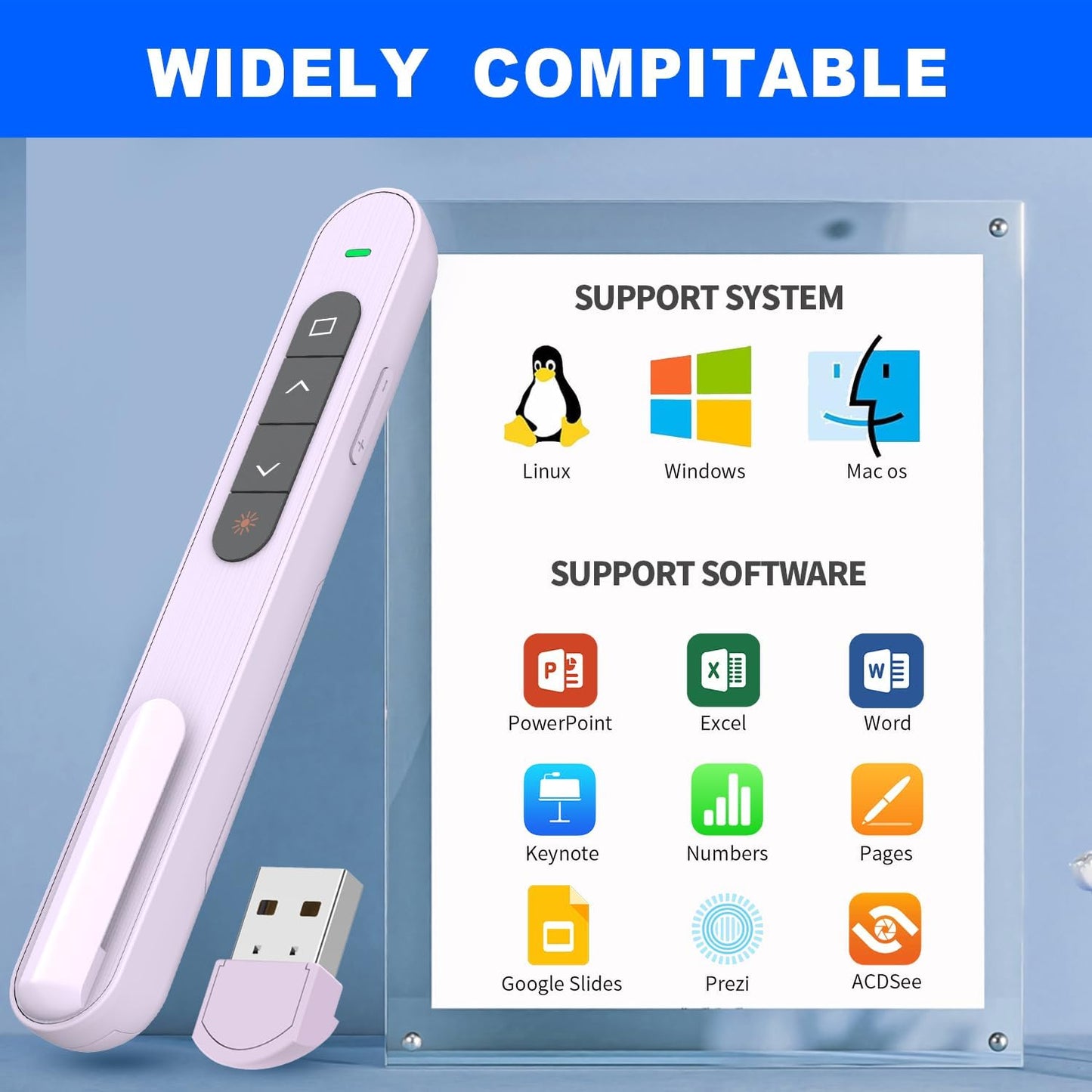 QUI Presentation Clicker for PowerPoint, RF 2.4GHz USB Wireless Presenter Remote with Volume Control, PowerPoint Clicker Slide Advancer for Mac, Windows, Laptop, Keynote