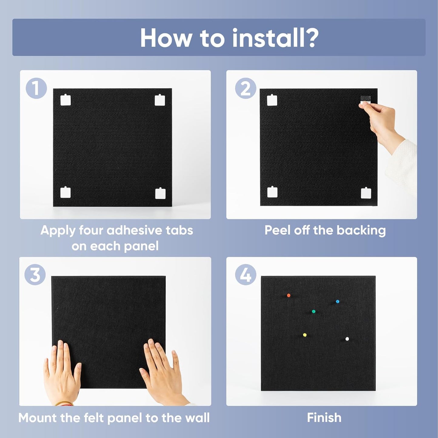 VUSIGN Large Cork Board for Wall 47"x35", 12 Pack Bulletin Board, Felt Wall Tiles with Adhesive Tabs and Push Pins, Push Pin Board for Office, School, Home, Black