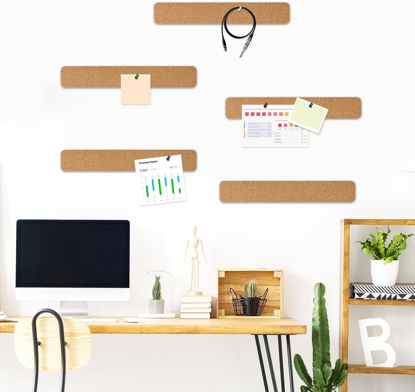 DOLLAR BOSS Bulletin Board Cork Strips for Walls-13x2 Inch, 1/2 Inch Thick, Adhesive Frameless Cork Board for Office, Home & School with 30 Push Pins