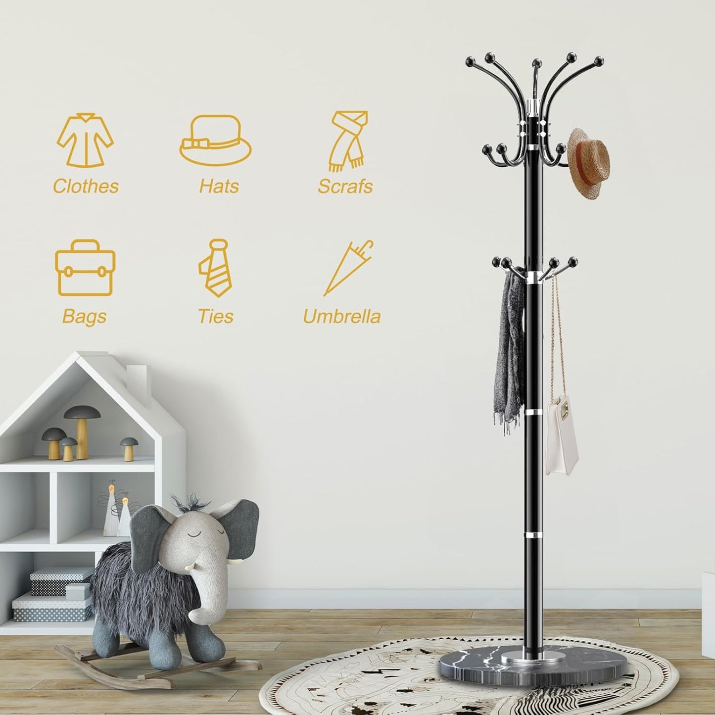 Metal Coat Rack Stand with Natural Marble Base, Modern Coat Rack Freestanding, 360°Rotary Coat Racks with 14 Hooks, Heavy Duty Coat Hall Tree Hanger Stand for Entryway, Office