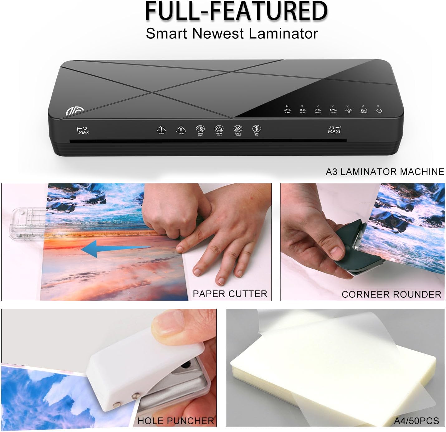 Crenova Laminator Machine 13 inch, Laminating Machine 60s Quick Warm Up Auto Off, Cold Hot Lamination Machine with ABS Jam Free, Laminator for Home Office School, Black