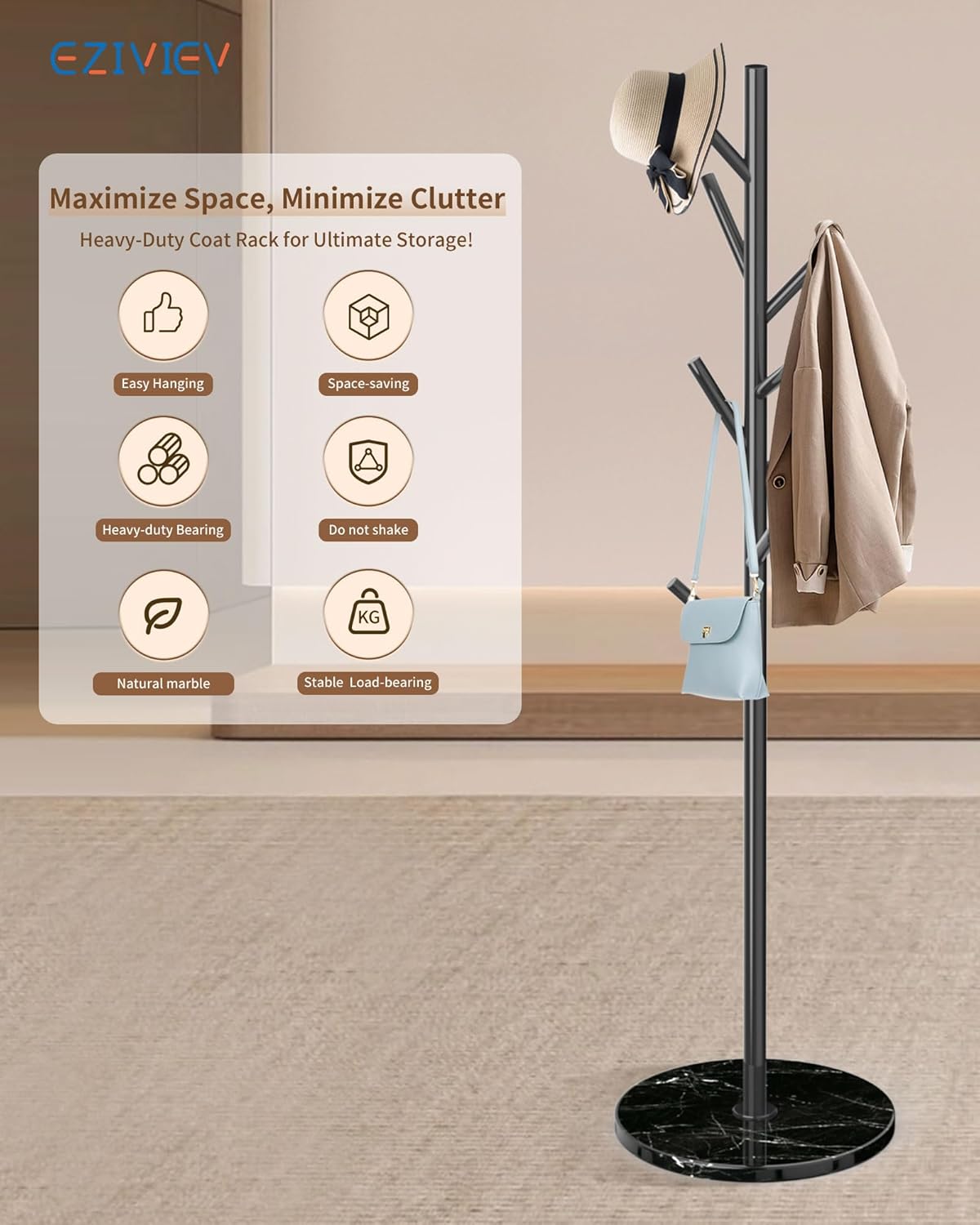 EZIVIEZ Modern Coat Rack Stand, Metal Freestanding Coat Rack with Natural Marble Base, Black Coat Racks with 8 Hooks and Coat Hanger Tree Jacket Stand for Office, Entryway, Hallway