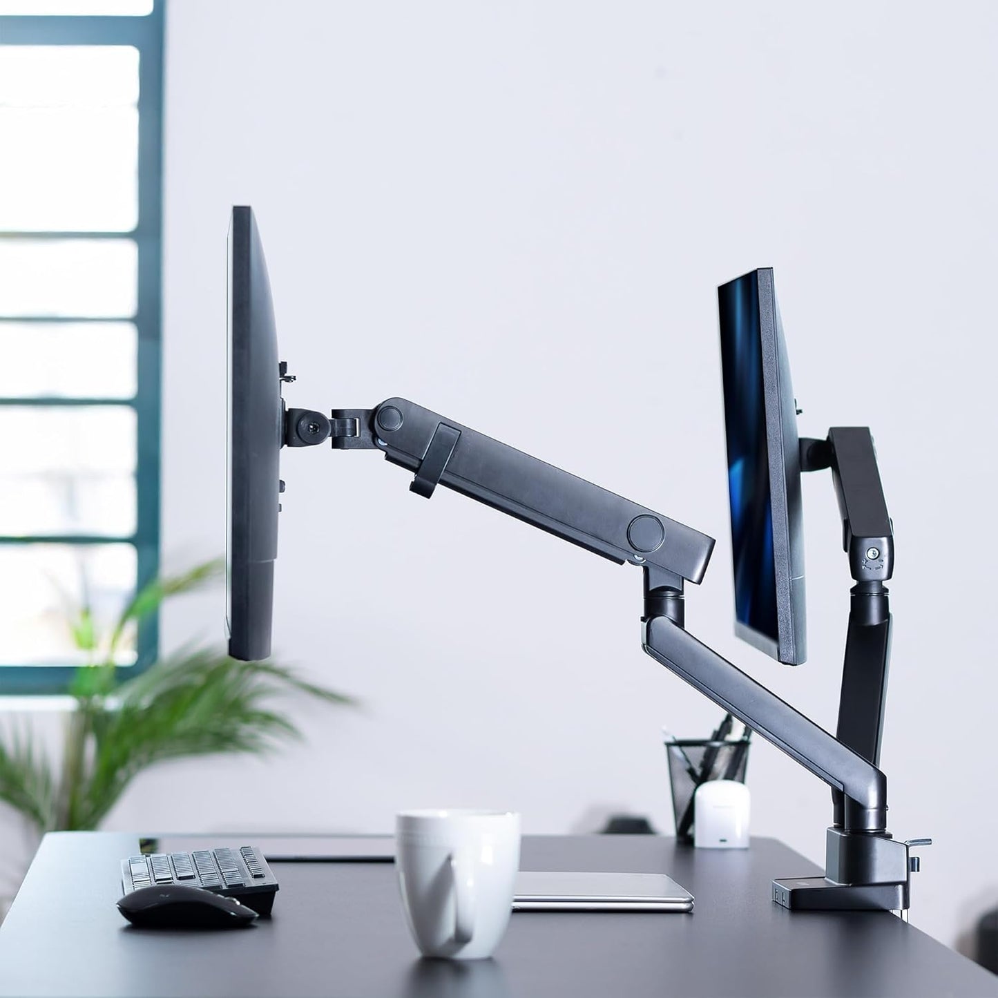 VIVO Premium Aluminum Full Motion Dual Monitor Desk Mount Stand with Lift Engine Arm, Fits Ultrawide Screens up to 35 inches, STAND-V102BB