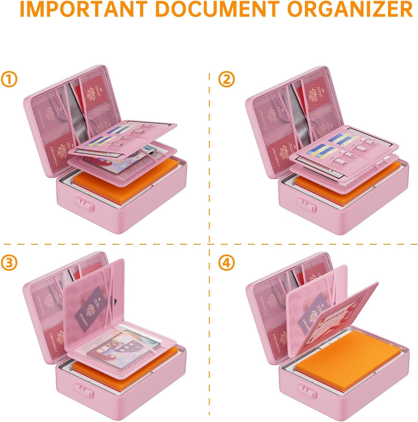 DocSafe 5200°F Document Organizer with Lock,Upgraded Heat Insulated Fireproof&Waterproof Box 8 Layers File Organizer,Portable Home Travel Safe Storage for Important Documents, Files,Pink (Soft)