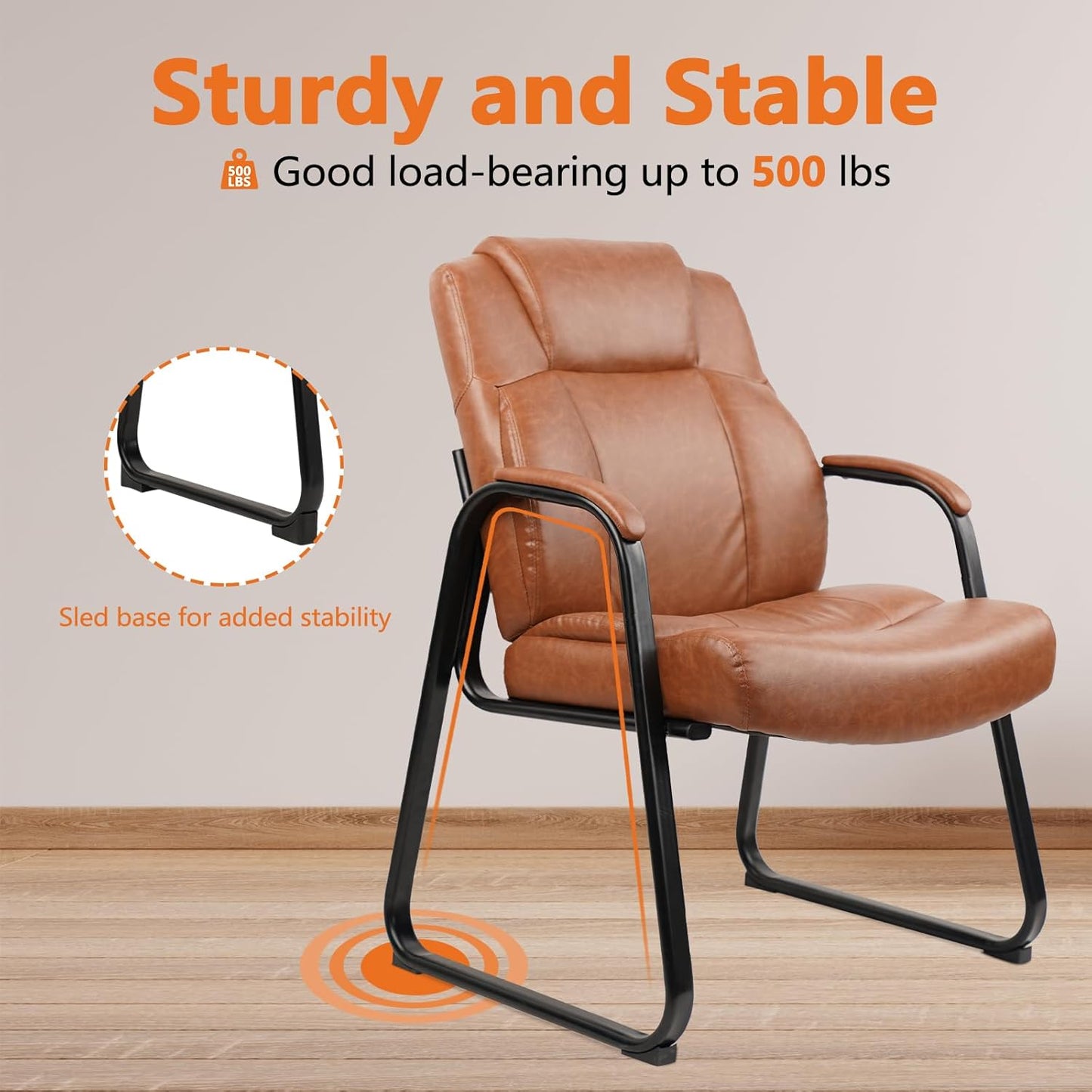 CLATINA Big & Tall 500 lb. Guest Chair, PU Leather Office Reception Chairs with Sled Base, Desk Chair No Wheels for Waiting Room Conference Lobby Computer Living Room, Brown, 2 Pack