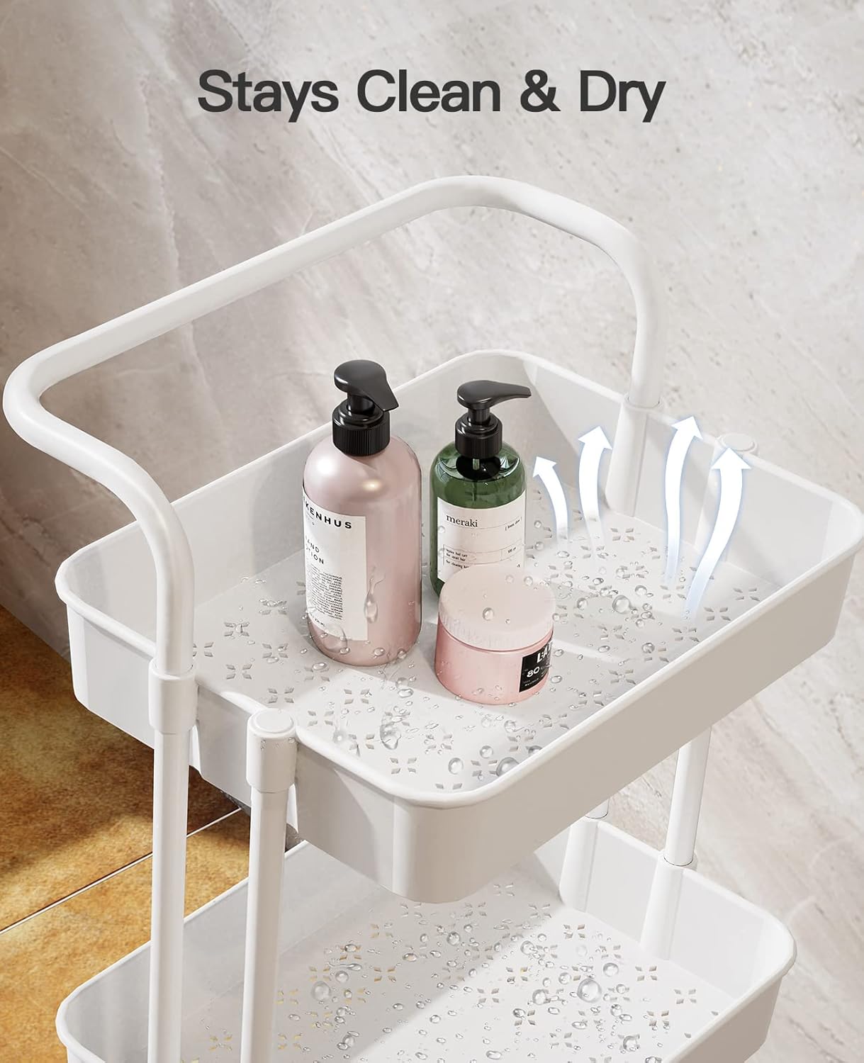 Pipishell 3-Tier Rolling Cart with Wheels - Rolling Storage Cart with Hanging Cups & Hooks - Mobile Utility Cart for Office, Kitchen, Craft Room - Art & Craft Organizer, White, PIUC06W