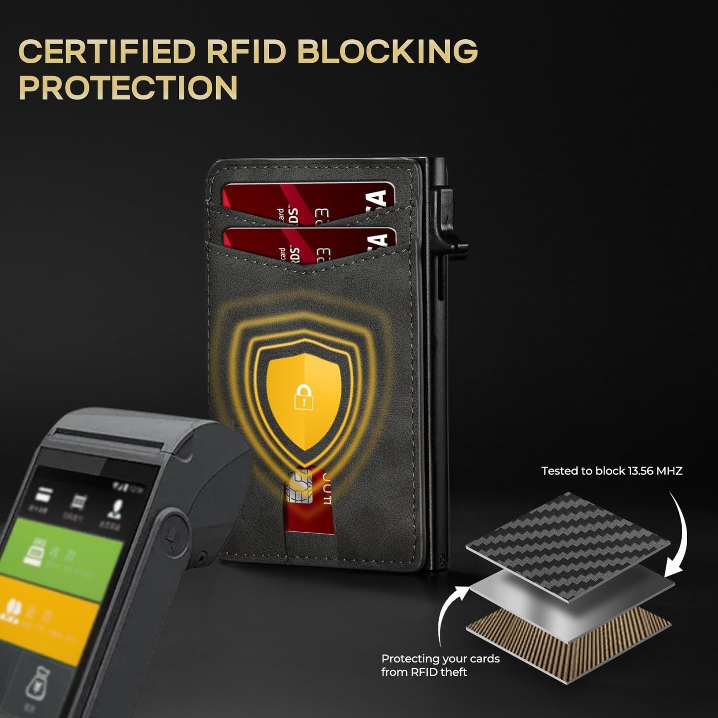 Slim Card Wallet for Men with ID Window – Minimalist RFID Wallet, Pop-Up Function, Ultra Thin Design, Metal Business Card Case Holds 8+ Cards, Gifts for Men, Men's Accessories