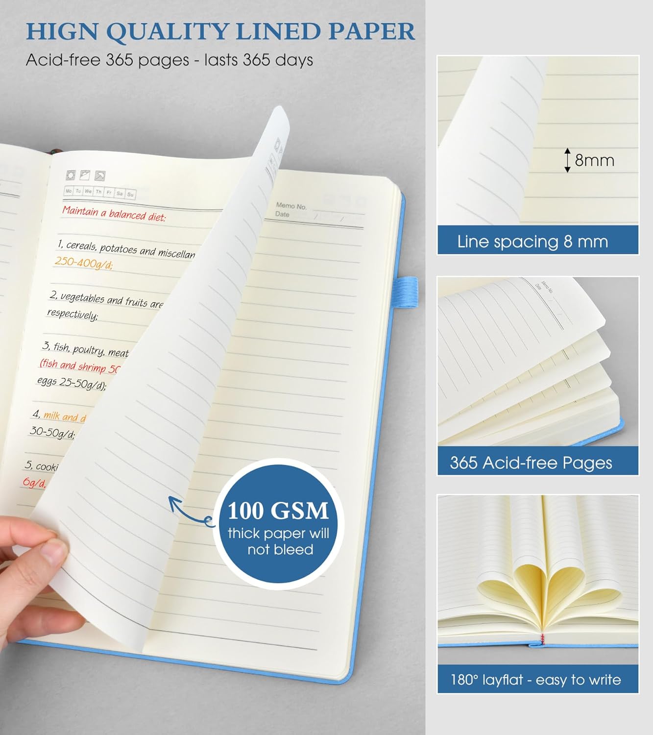 A4 Lined Journal Notebook,365 Page Large Leather Journals for Writing Women Men,Hardcover Notebook with 100Gsm Thick Pages for Travel,Work,School,College Ruled, Daily Diary (8.5" x 11.4")