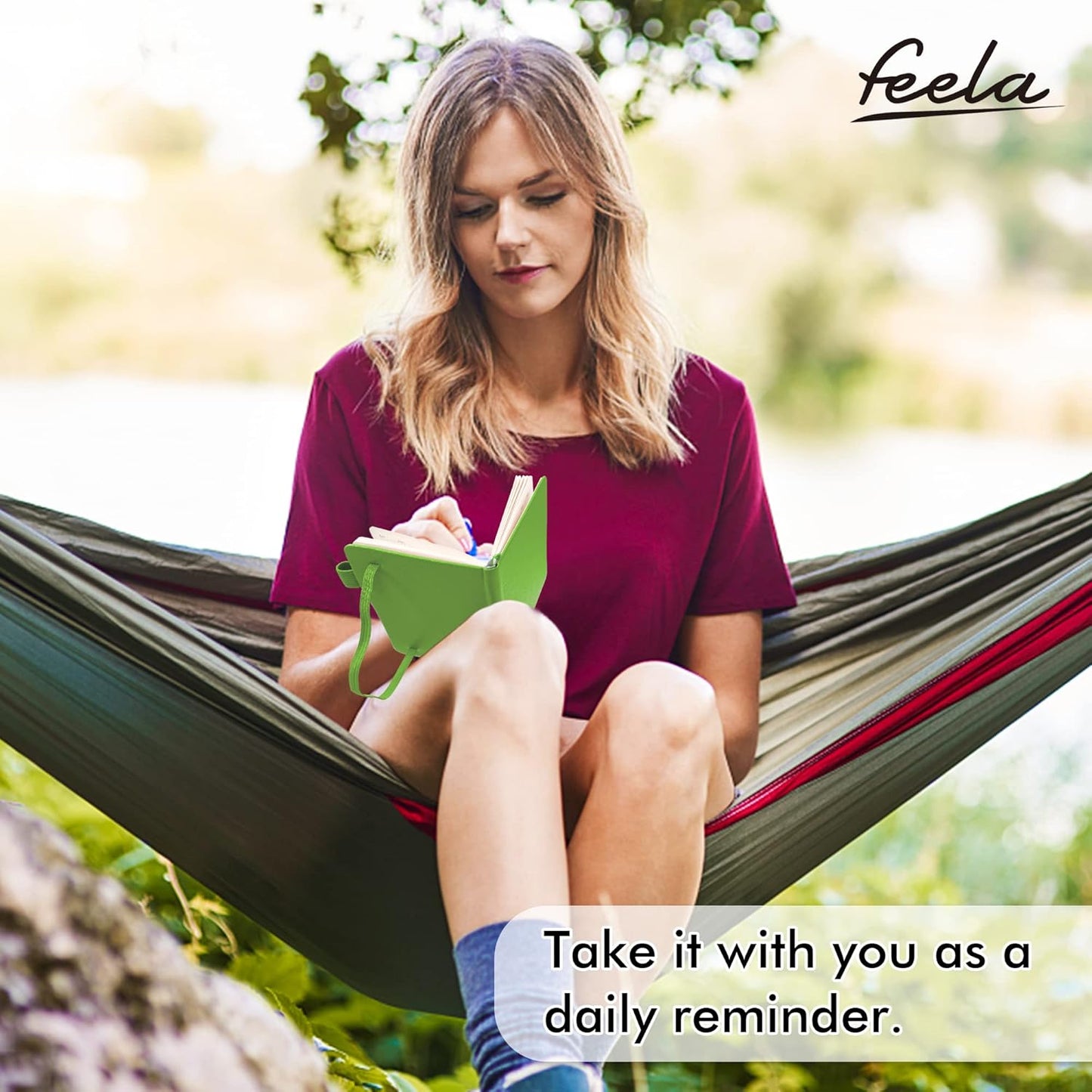 feela 3 Pack Pocket Small Notebook Journals, Mini Cute Memo Notepad Hardcover College Ruled Lined Journals with Pen Holder for Women Girls Office School, with 3 Black Pens, 3.5”x 5.5”, A6, Green