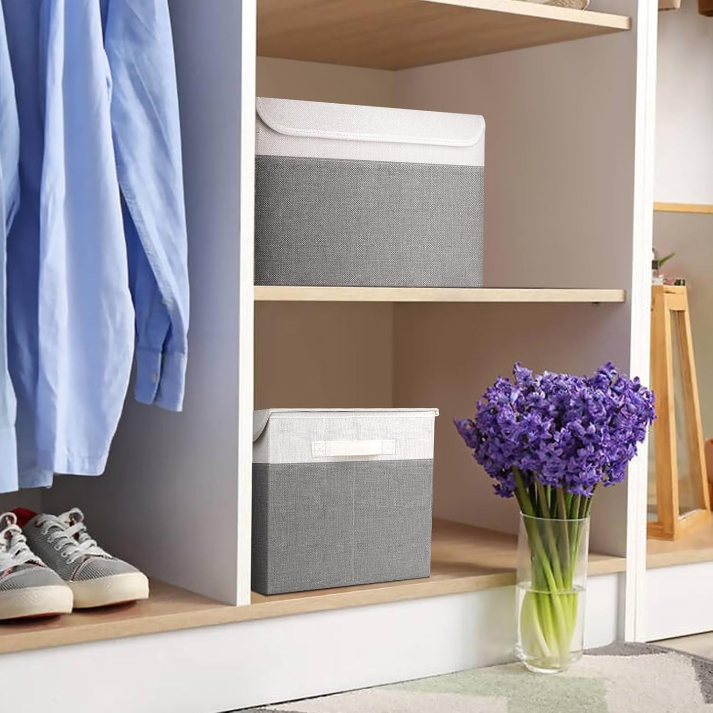 Large 22 Quart Linen Fabric Foldable Storage Bin Cube Organizer Basket with Flip-Top Lid & Handles, Clothes Blanket Box for Home, Office, Closet, Gray & White, 4 Pack 14.6 x 9.5 x 9.5”