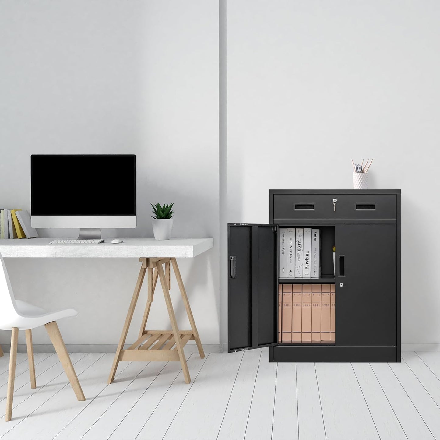 BESFUR Locking Storage Cabinet, Metal Cabinet with Oversized Drawer, Office Storage for Home, Garage, School - Black