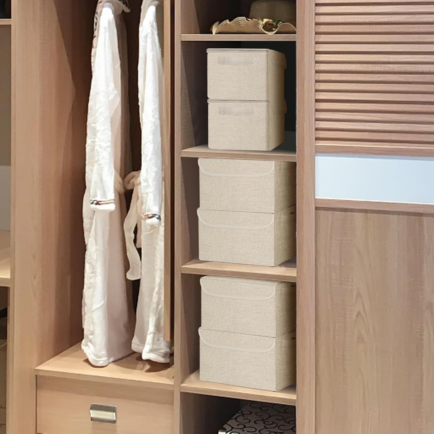 Small 8 Quart Linen Fabric Foldable Storage Bin Cube Organizer Basket with Lid & Handles, Collapsible Decorative Box Container for Home, Dorm, Closet, Beige, 10"x8"x6", 6-Pack