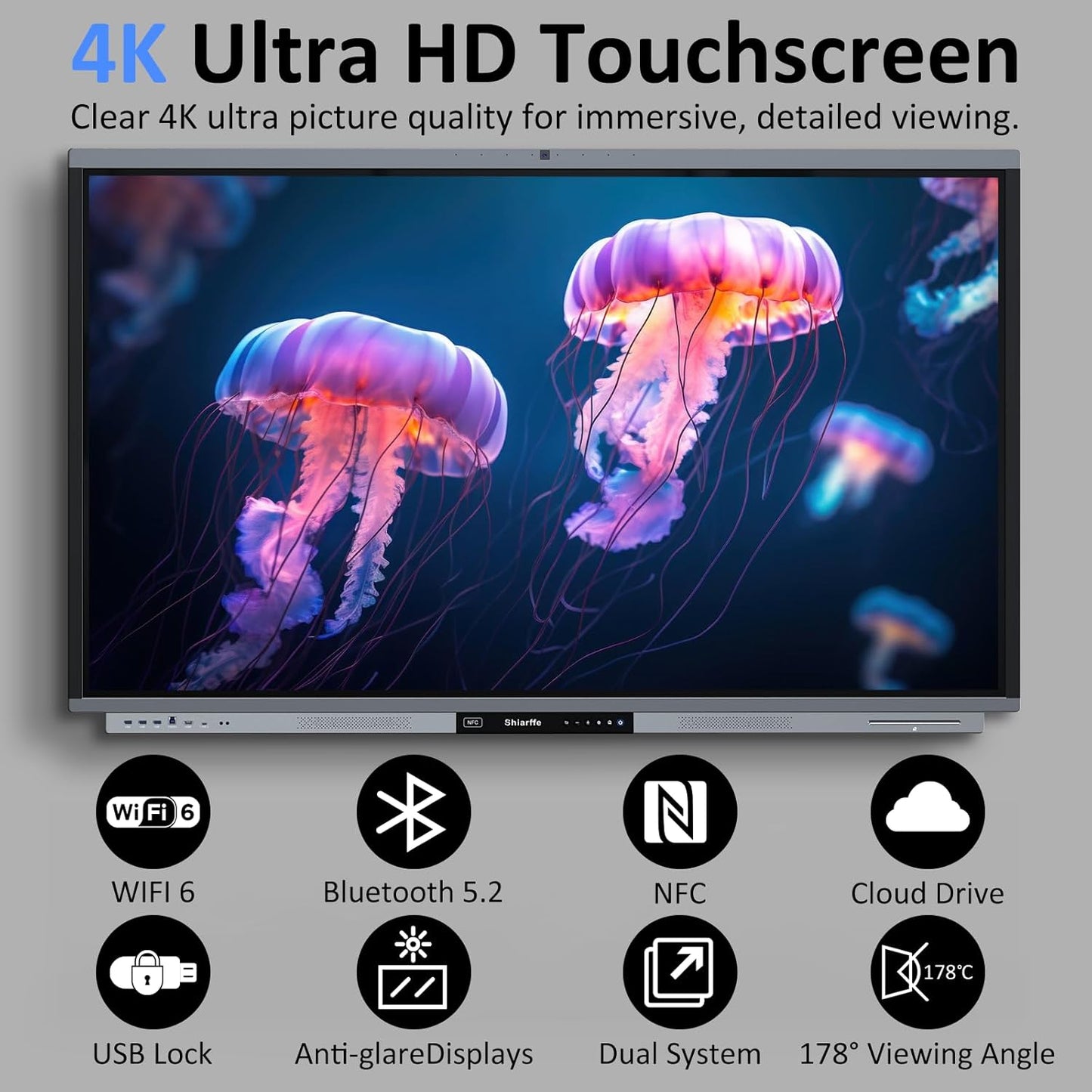 Shiarffe R9 4K 75" Smart Board, Flagship CPU 16 GB RAM + 256 GB ROM, Compatible with Google Play Store, OTA Software Updates, Smartboard for Classroom Office Hybrid Work