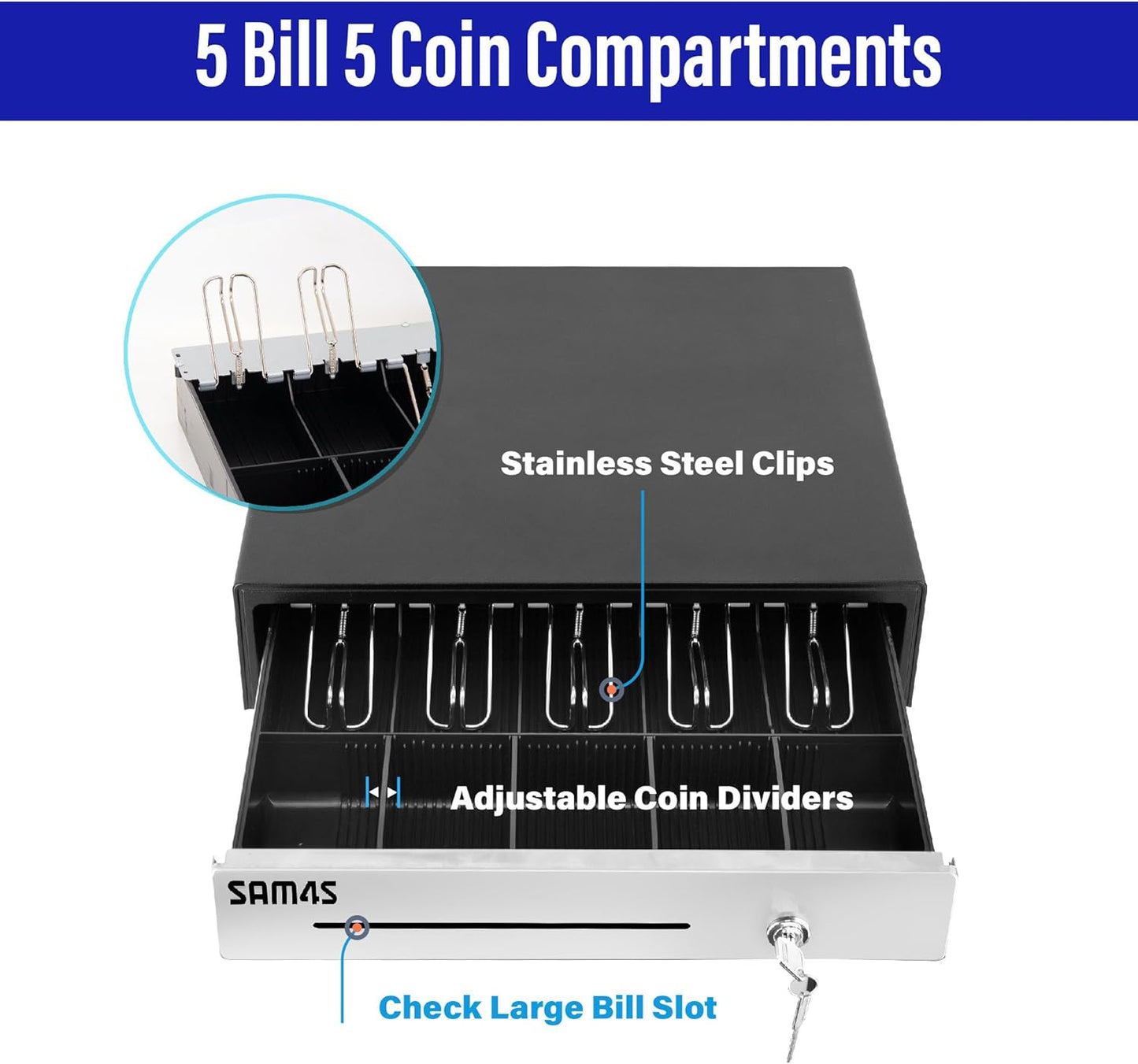 SAM4s 16" Heavy Duty Black Manual Push Open Cash Drawer with 5Bill/5Coin Stainless Steel