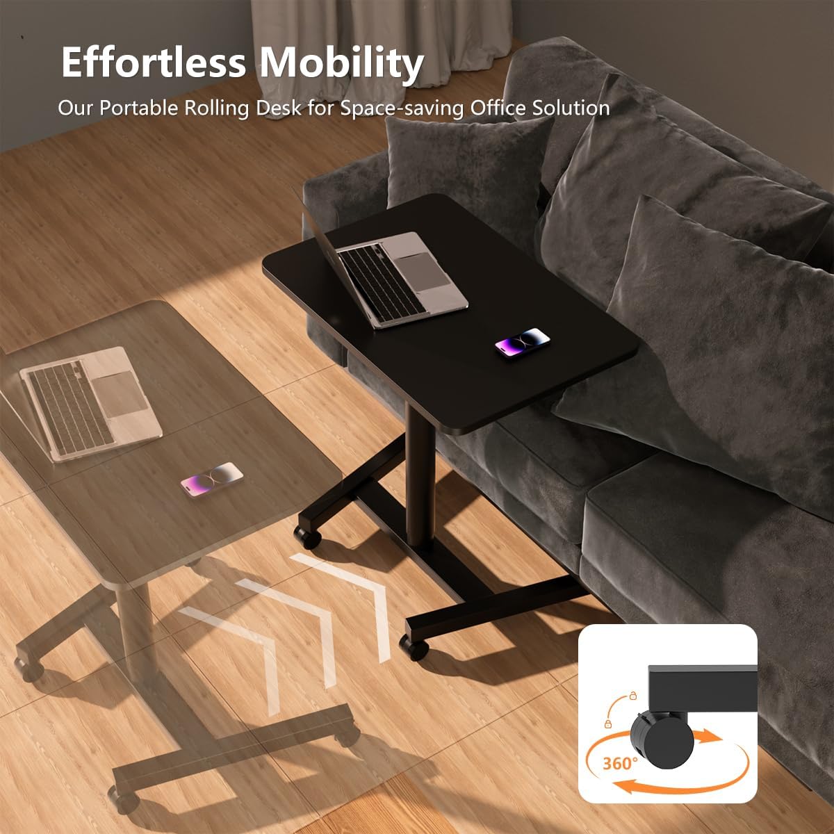 28-Inch Mobile Standing Desk Adjustable Height, Portable Standing Desk with Lockable Wheels, Rolling Table for Home Office Classroom Hospital (Jet - Black)