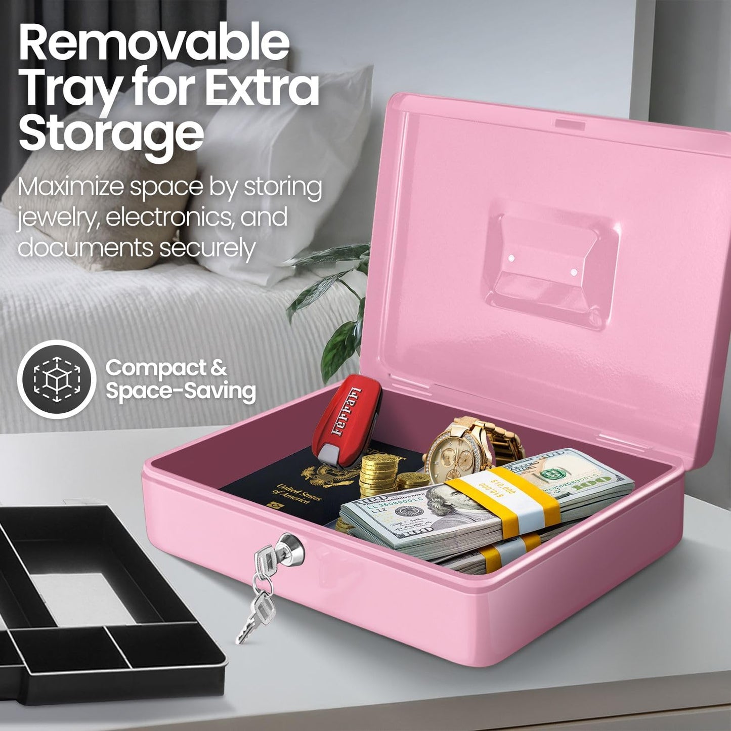 Flexzion Cash Box with Money Tray and Lock - Metal Cash Box for Small Businesses, 9-Compartment Pink Money Box with Removable Tray and Key, Portable Storage for Checks and Coins