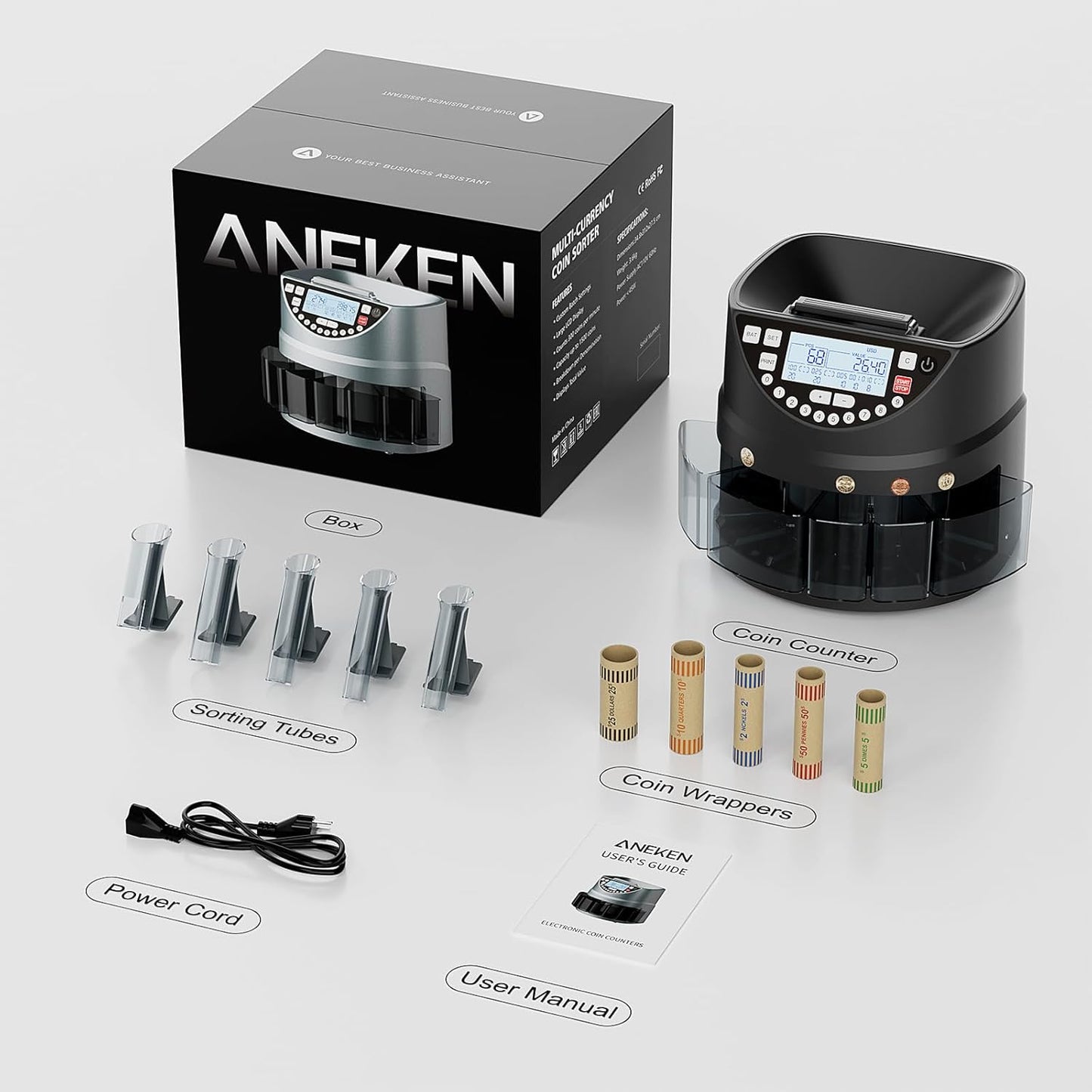 Aneken Coin Counter and Sorter with TFT Display - Accurate Sorting Machine for 5 Denominations, Smooth Operation at Up to 300 Coins Per Minute, Ideal for Efficient Money Management,Black